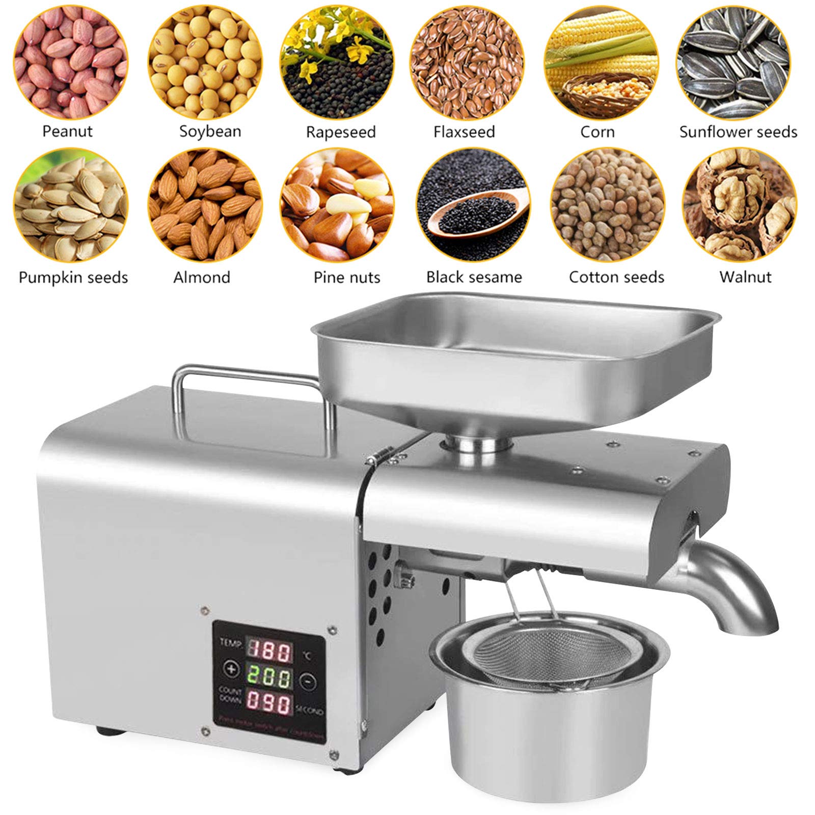 Stainless Steel Automatic Oil Press Machine 110V - Cold/Hot Press for Nuts, Seeds & Grains (3-6KG/h) | Perfect for Home Use, DIY Oil Extraction & Healthy Cooking