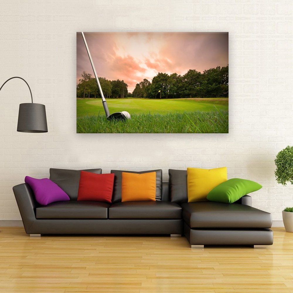 Golf Club Sunset Landscape Canvas Wall Art - Framed & Ready to Hang (24x16 Inches) - Perfect for Living Room, Office & Man Cave Decor