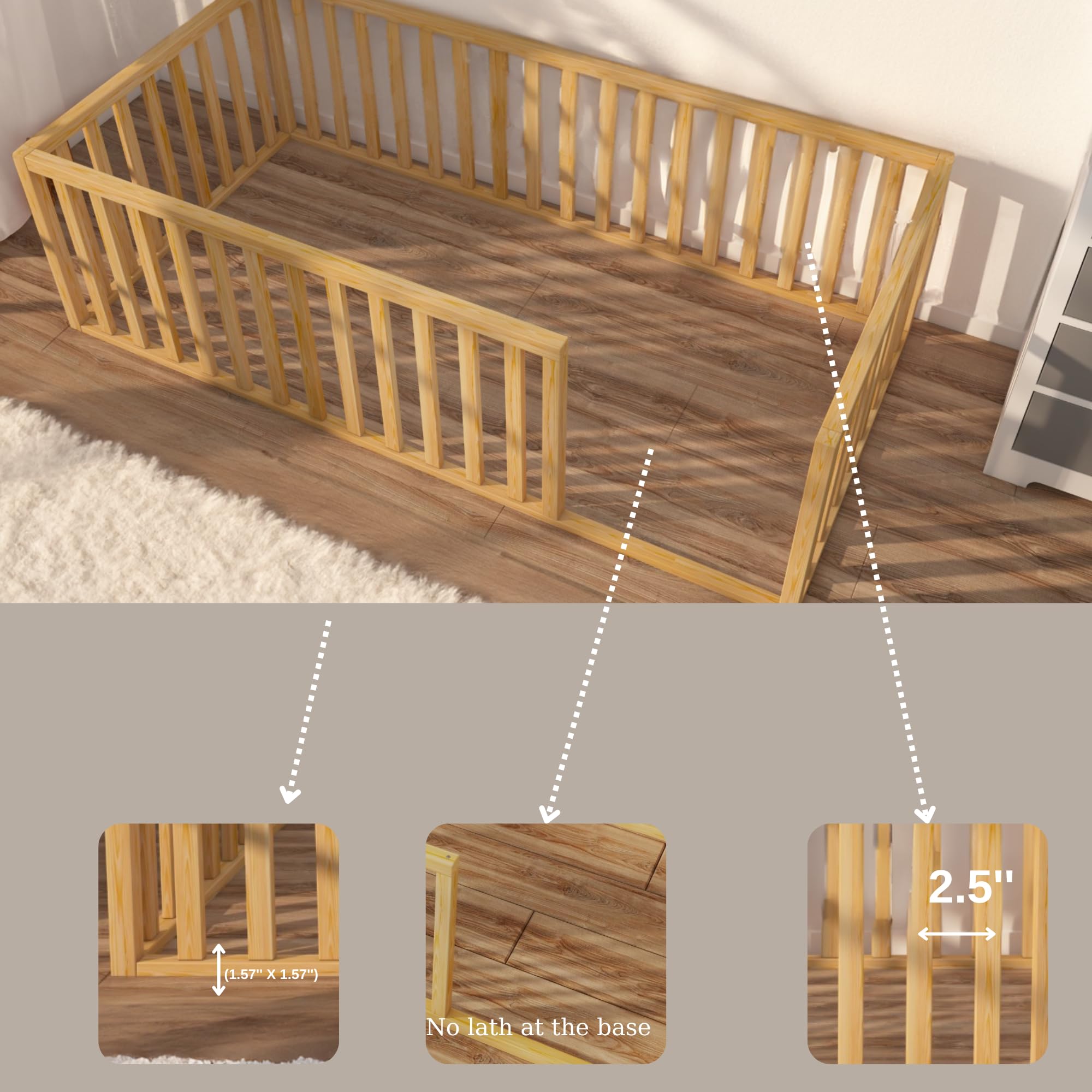 Montessori Floor Bed for Toddlers & Kids 52x27.5 Inches - Solid Pine Wood Baby Bed with Safety Guardrails | Low Profile Crib (17