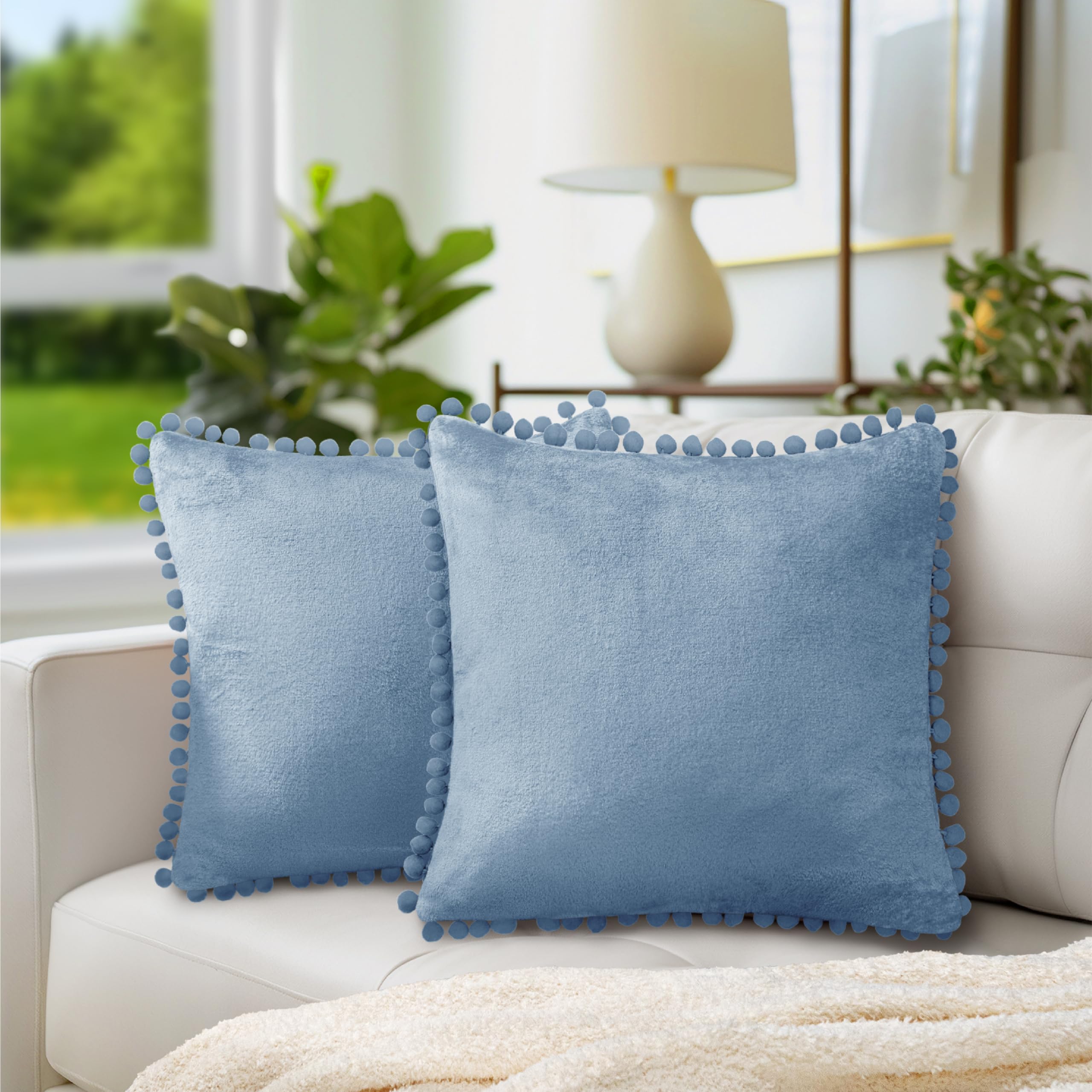 PAVILIA 20x20 Dusty Blue Velvet Throw Pillow Covers Set of 2 - Soft Euro Plush Pom Pom Decorative Cushion Covers for Sofa, Couch & Bed - Perfect for Living Room, Bedroom Aesthetic & Home Decor