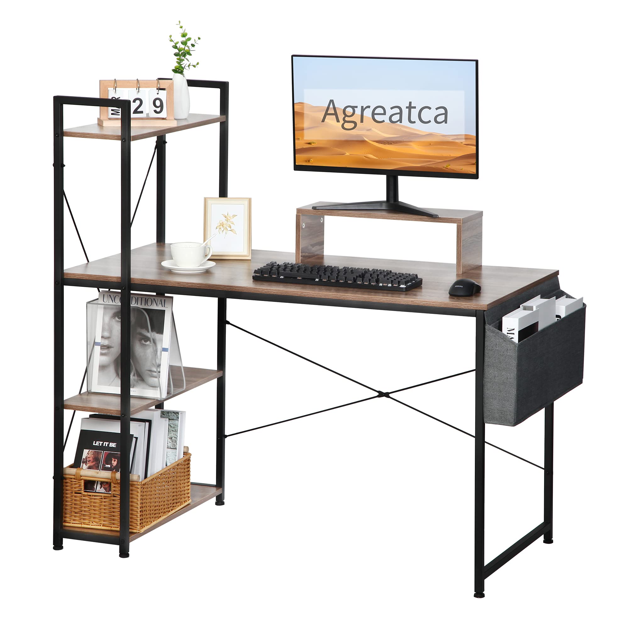 Agreatca 47 Inch Computer Desk with Storage Shelves, Reversible Study Writing Table with Adjustable Bookshelf, File Organizer & Wood Monitor Stand - Home Office Workstation in Walnut Finish | Perfect for Small Spaces, Remote Work & Gaming Setup
