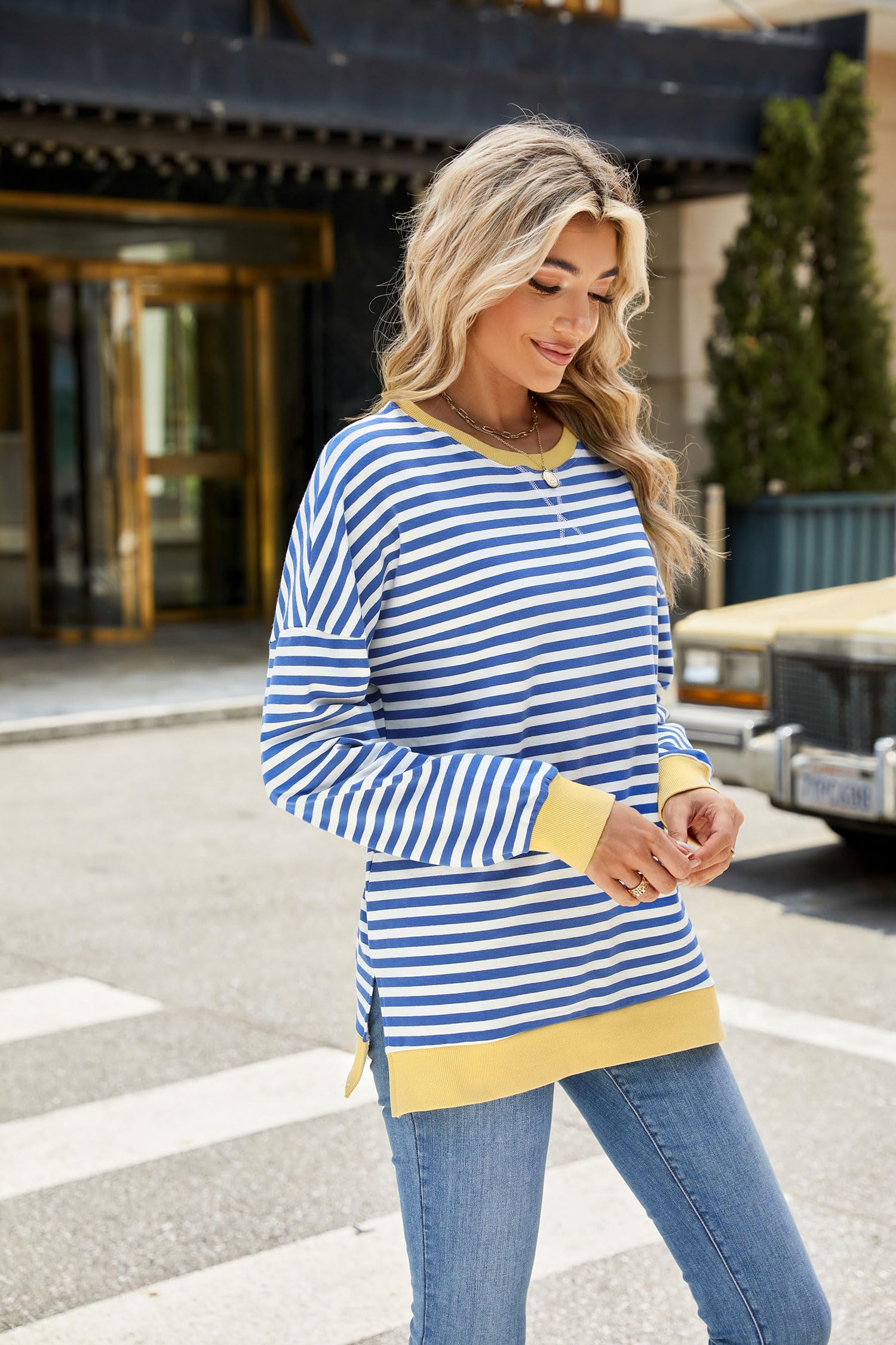 Fashionme 2025 Women's Striped Color Block Tunic Top with Side Slits - Long Sleeve Crewneck Loose Fit T-Shirt Sweatshirt for Spring | Casual Outfits, Layering & Everyday Wear