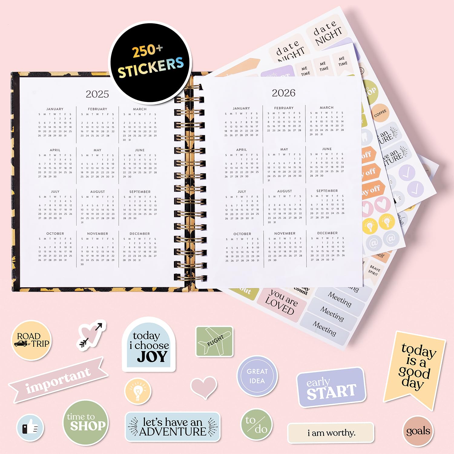 2025 Eccolo Spiral Agenda Planner - Cheetah Print Weekly & Monthly Calendar with Sticker Sheets & Inspirational Quotes (7.75