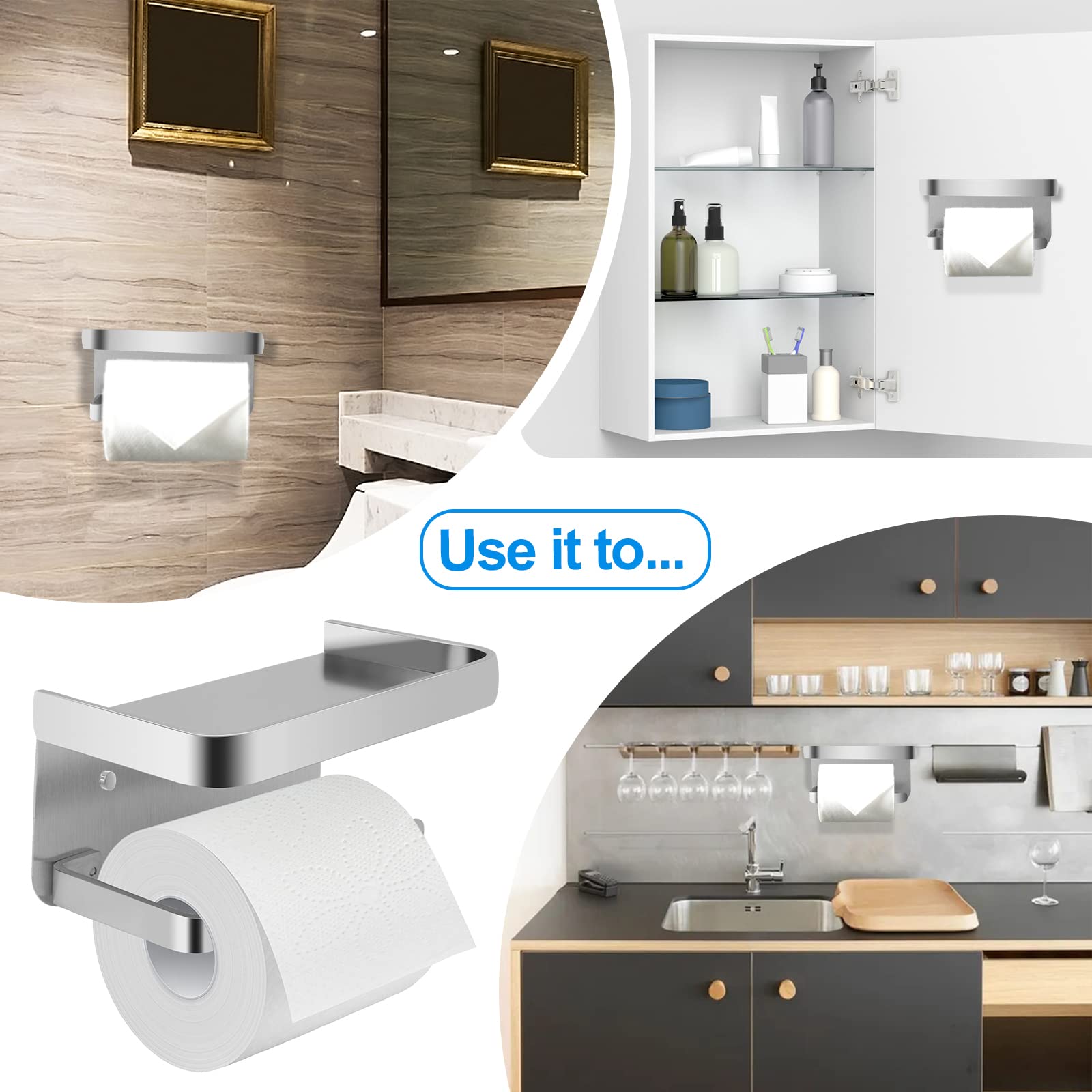 Brushed Nickel Toilet Paper Holder with Shelf - SUS 304 Stainless Steel Adhesive Bathroom Tissue Roll Holder - Modern Space-Saving Design for Small Bathrooms, RVs & Apartments
