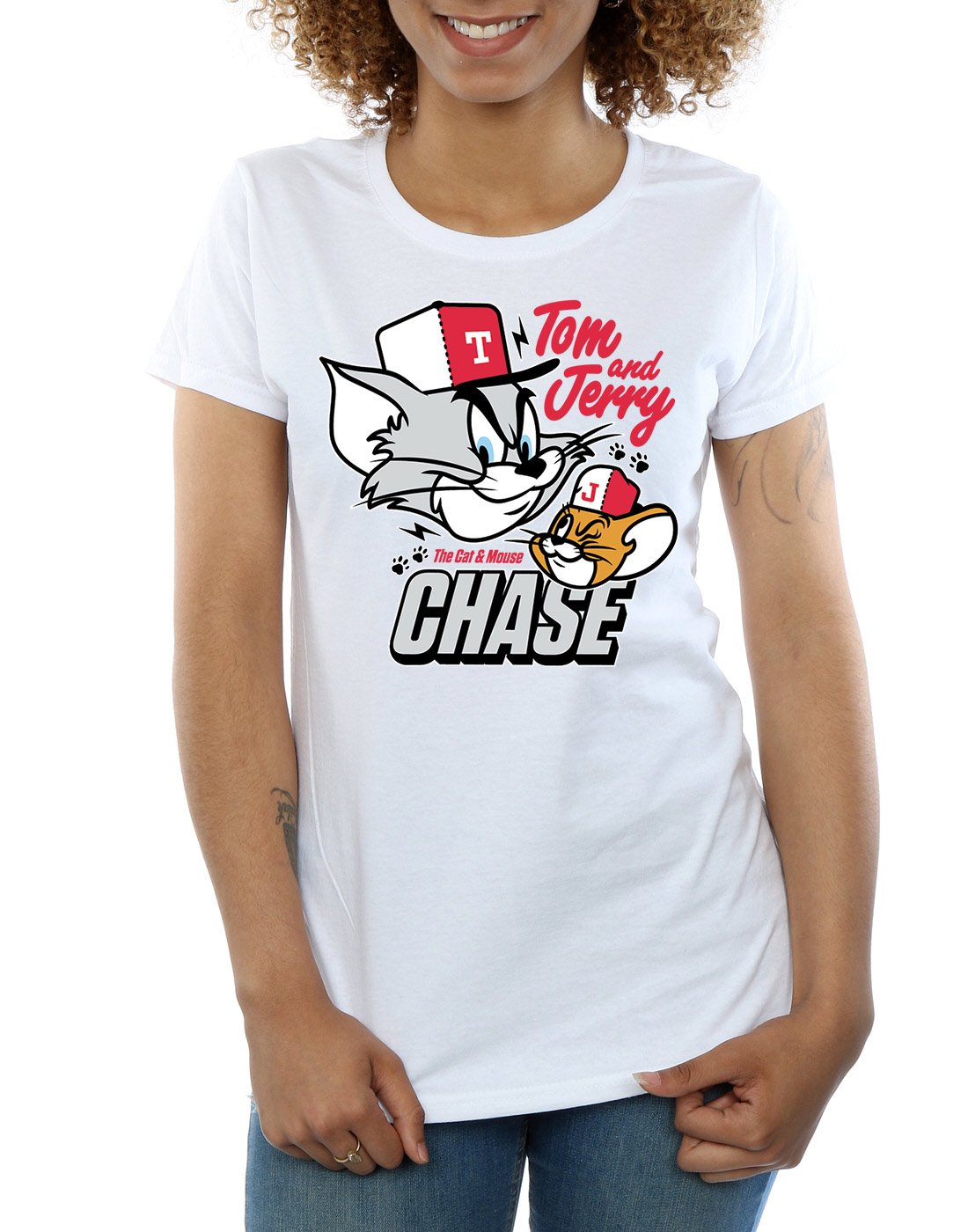TOM and JERRY Women's Cat & Mouse Chase Graphic T-Shirt - Small White - Casual Cotton Tee for Cartoon Fans, Gift Idea & Everyday Wear