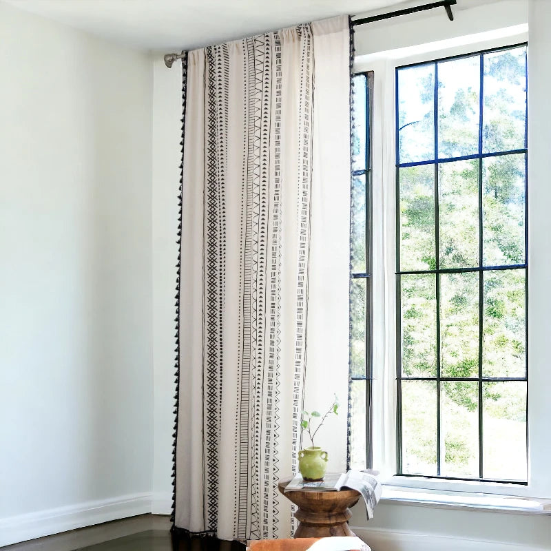 Kamora Boho Geometric Ivory Light Filtering Custom Curtains - Elegant Window Treatment for Living Room, Bedroom & Nursery | Soft Sheer Drapes with Bohemian Design