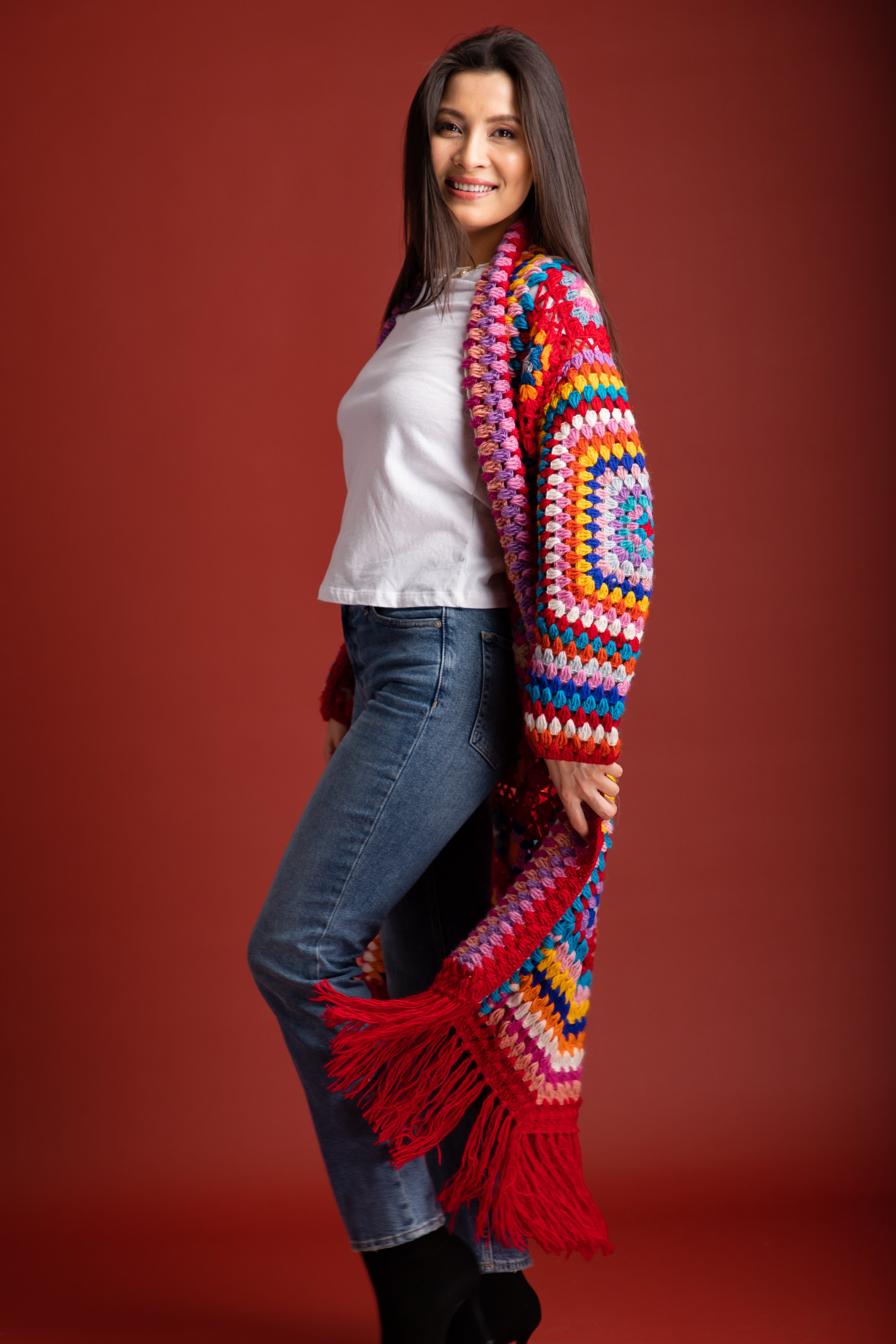 Bohemian Fringed Crochet Kimono Long Cardigan - Lightweight Lace Cover Up for Women - Perfect for Beach, Music Festivals & Summer Outfits