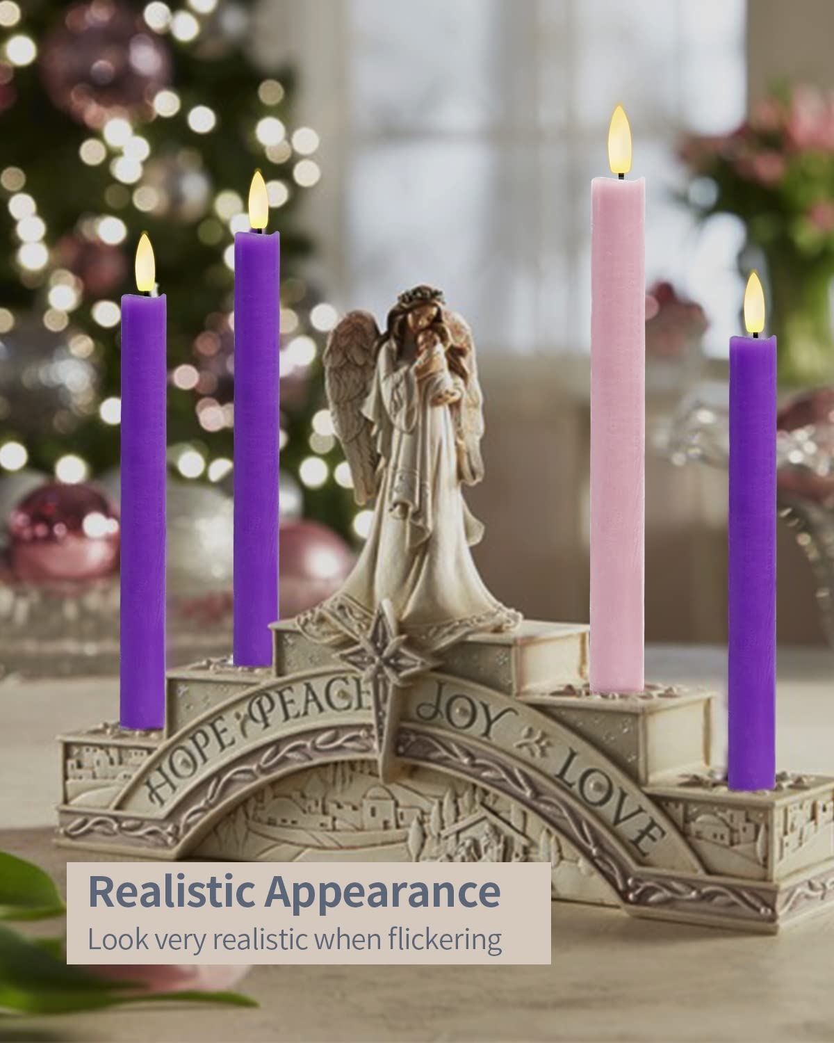SHYMERY Flameless LED Taper Candles - Battery Operated Electric Candles with Remote Timer, Set of 4 (Purple & Pink) - Real Wax Flickering Flameless Candles for Christmas Decorations, Thanksgiving Centerpieces, Wreath Decor, Wedding & Home Decor