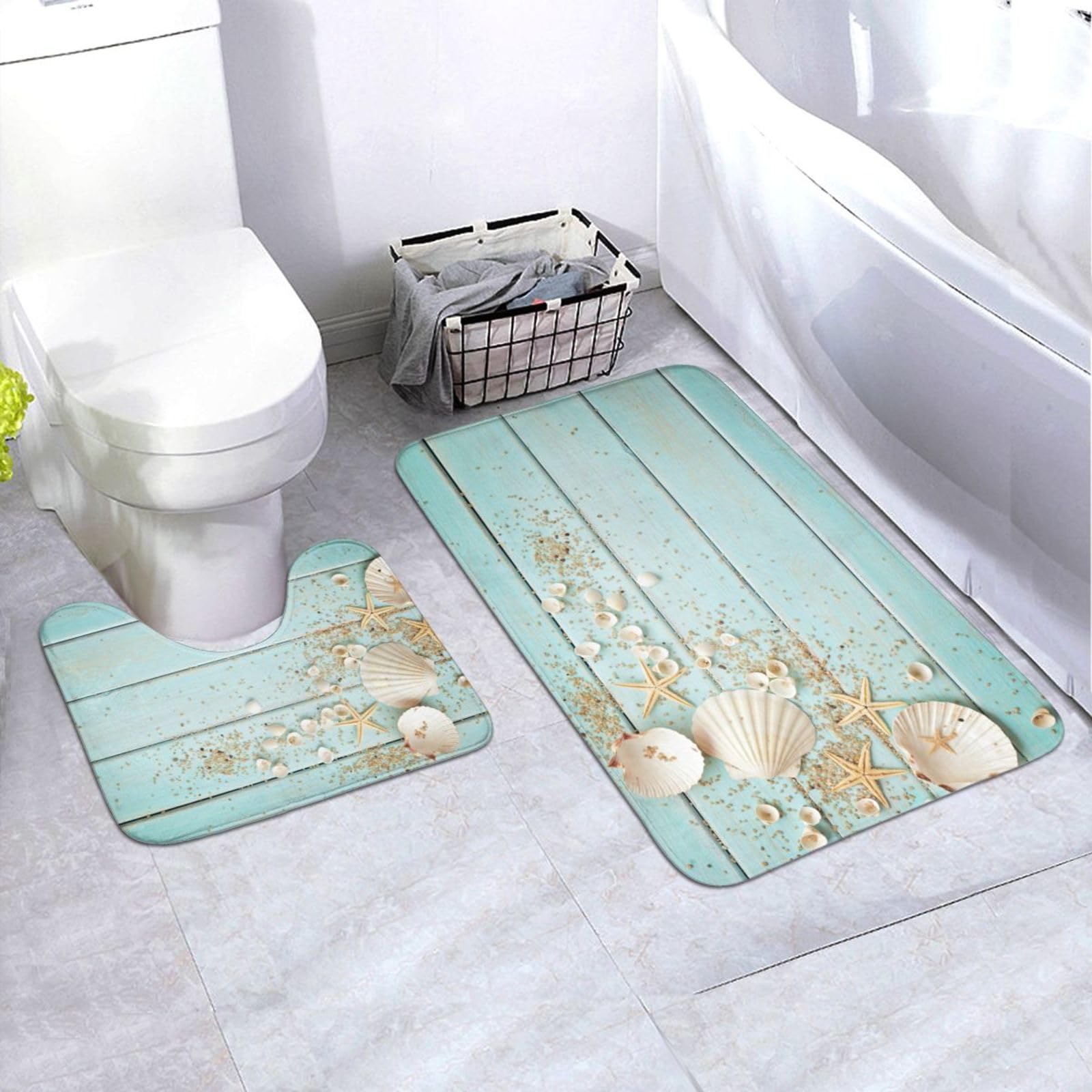 2-Piece Seashell Bathroom Rug Set - Non-Slip Microfiber Bath Mat & Toilet Contour Mat for Shower, Tub & Bathroom Decor | Soft, Machine Washable & Water Absorbent | Perfect for Coastal, Beach & Nautical Themed Bathrooms