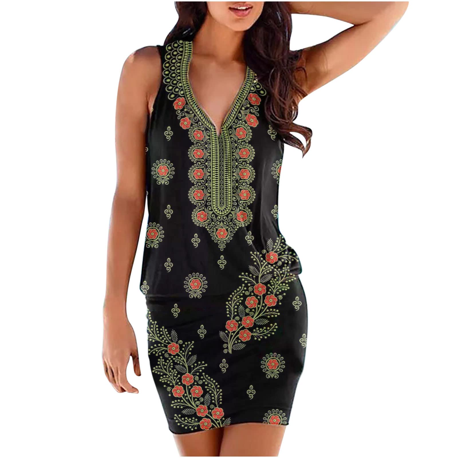 Floral Print V-Neck Mini Dress for Women - Summer Beach Tank Dress with Shirred Detail, Casual Long Dress for Outing, Party & Vacation