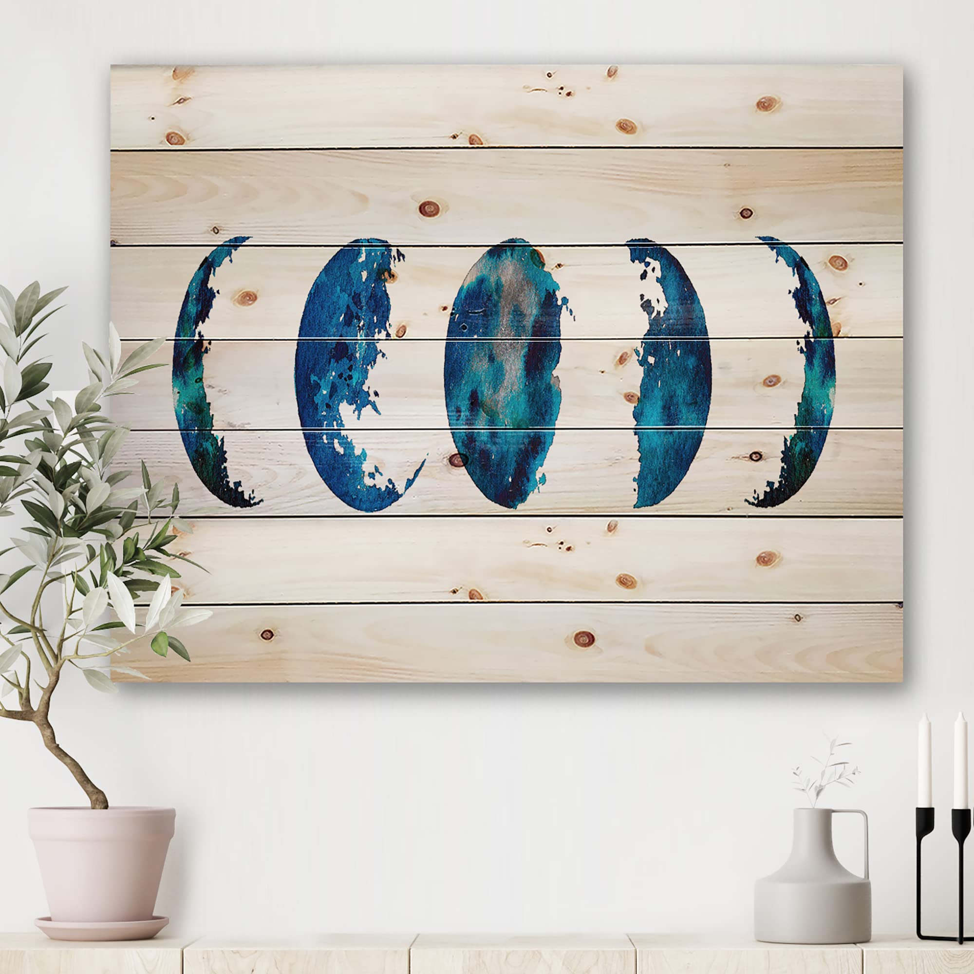 Bohemian Blue Moon Phases Wood Wall Decor - Handcrafted Astronomy & Space Art on Natural Pine Wood - Perfect for Living Room, Bedroom & Boho Home Decor