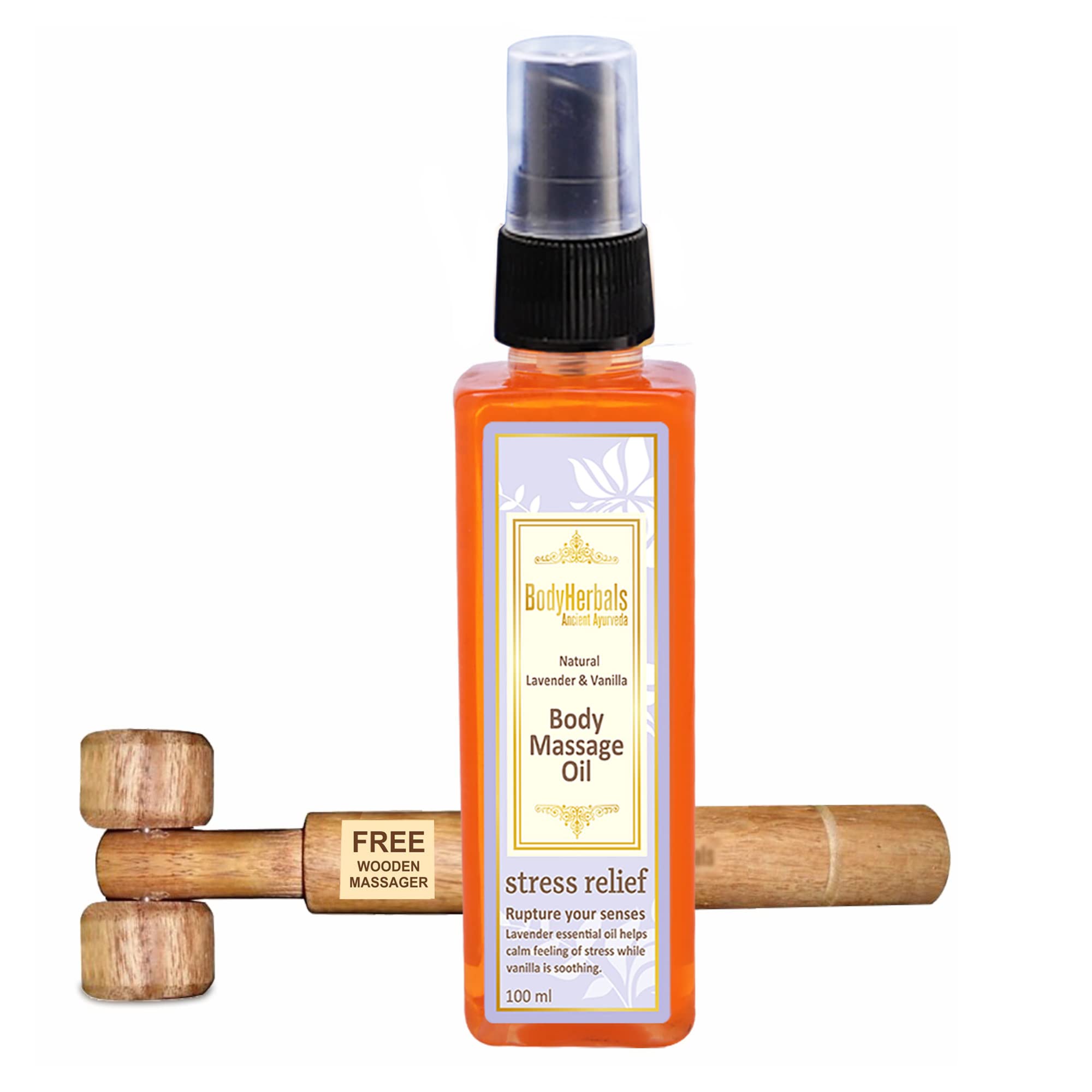 BodyHerbals Stress Relief Natural Lavender & Vanilla Body Massage Oil (100ml) with Wooden Massager | Almond & Coconut Oil Blend | Detox, Tone & Reduce Cellulite | 100% Vegan, Paraben & SLS Free | For Men & Women | All Skin Types | Relaxing Aromatherapy for Spa, Home Use & Couples Massage