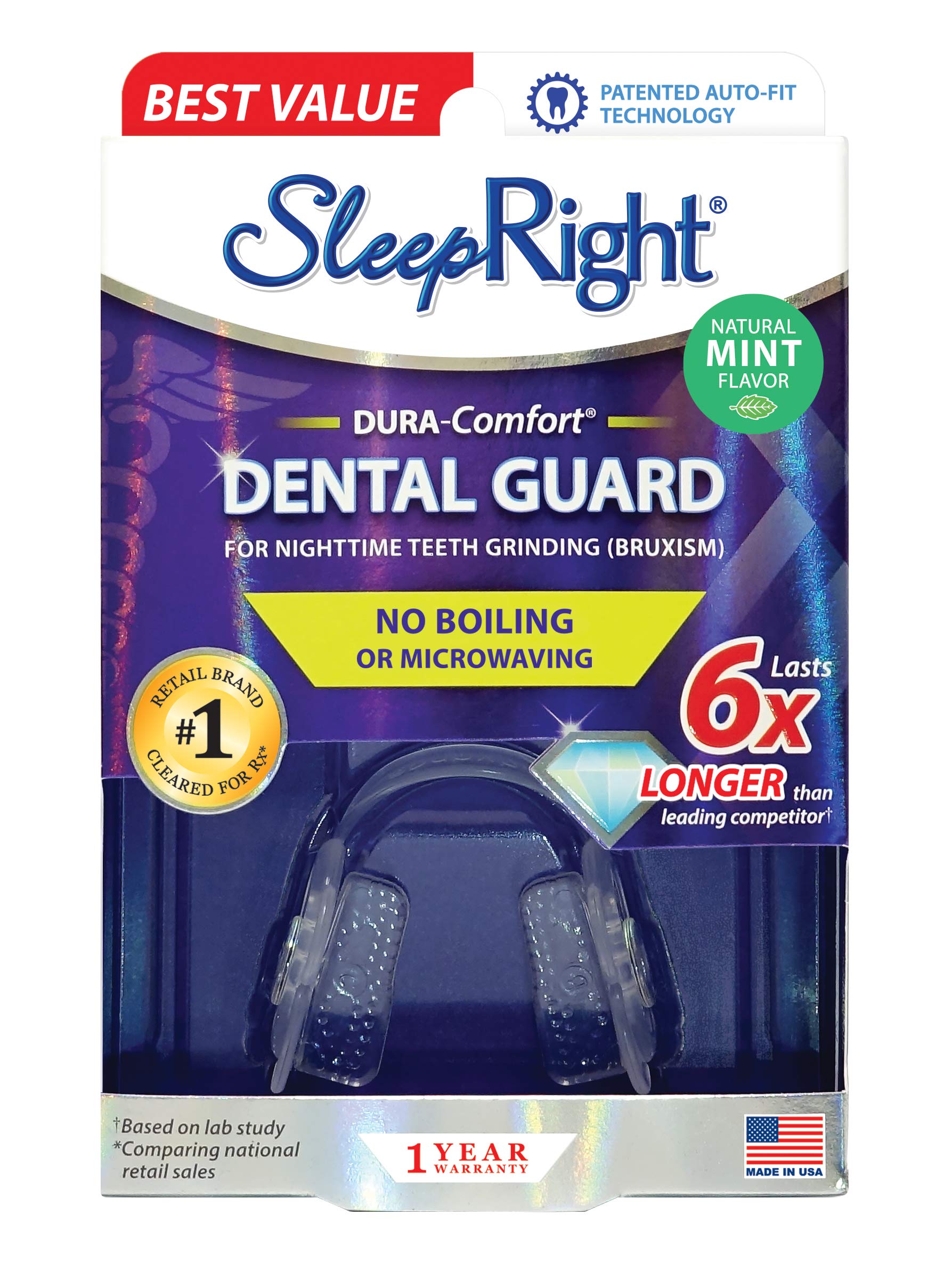 SleepRight Dura-Comfort Dental Guard - Super Strong No-Boil Mouth Guard for Teeth Grinding & Clenching - Mint Flavor for Fresh Breath - Perfect for Nighttime Use & Sports Protection