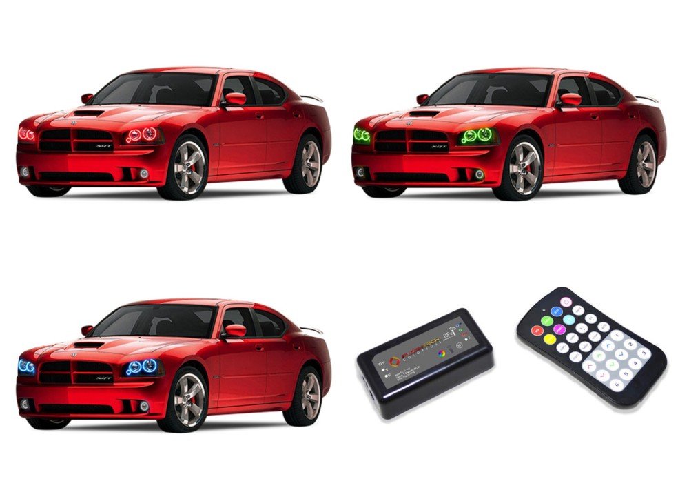 Flashtech LED RGB Multi-Color Halo Ring Headlight Kit with ColorFuse RF Remote for 2005-2010 Dodge Charger | Custom Car Lighting for Night Driving & Car Shows