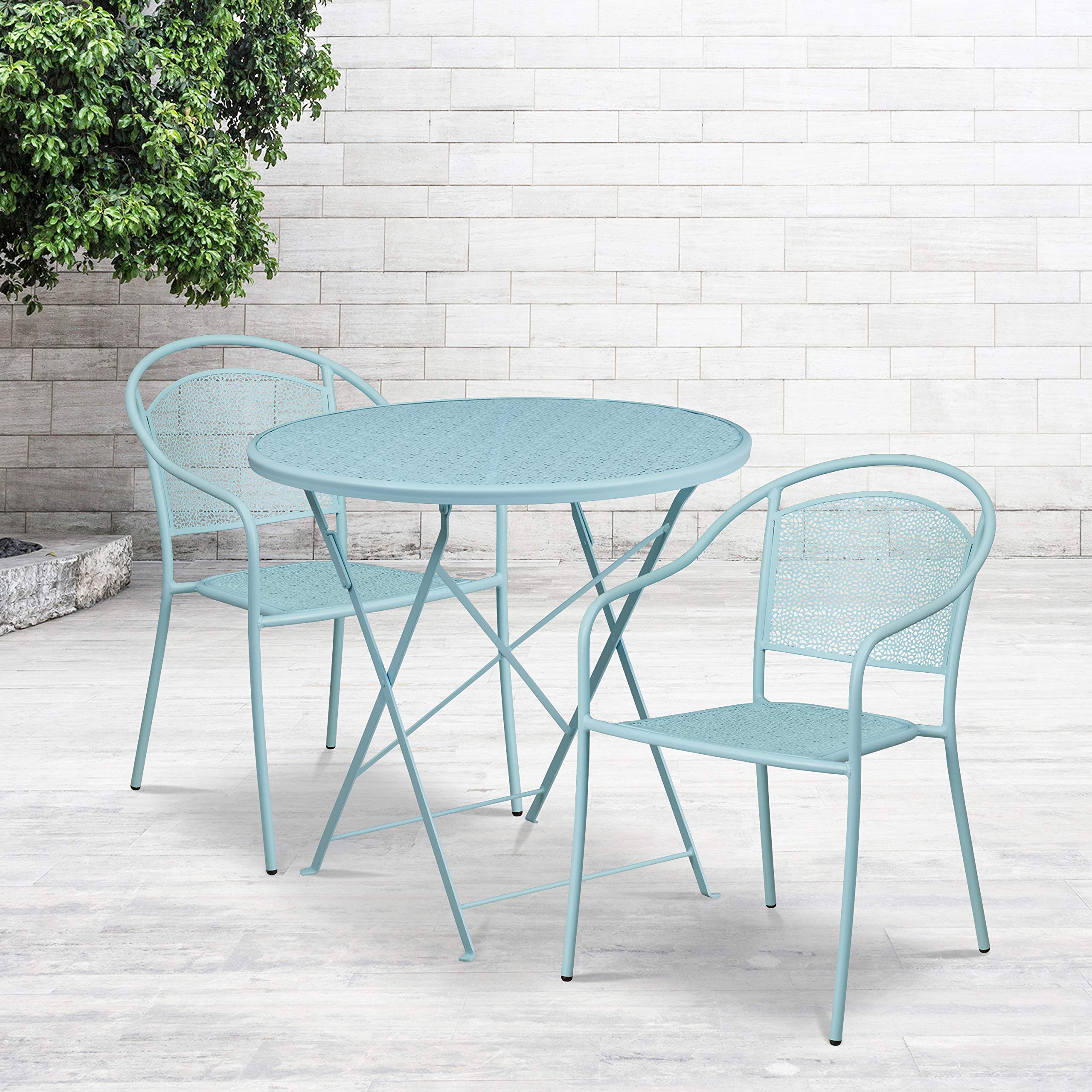 Commercial Grade 30 Inch Round Sky Blue Folding Patio Table Set with 2 Round Back Chairs - Outdoor Dining, Garden Furniture, Backyard Party, Poolside Relaxation