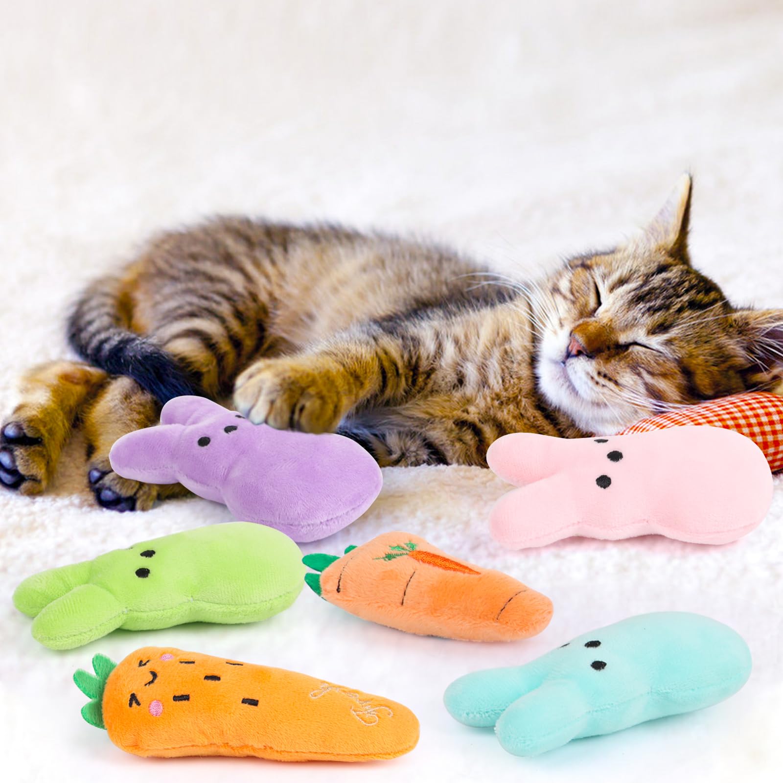 FOIMAS 6pcs Bunny Carrot Catnip Toys - Plush Chew Toys for Kittens, Easter Cat Gifts, Stress Relief for Cats - Perfect for Playtime, Teething & Holiday Presents