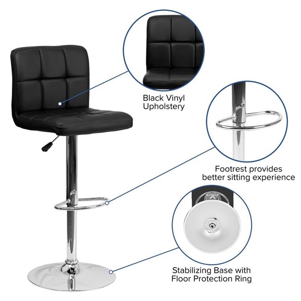 Black Adjustable Bar Stools Set of 2 - Home Square Quilted Counter Height Stools for Kitchen Island, Breakfast Bar & Home Decor