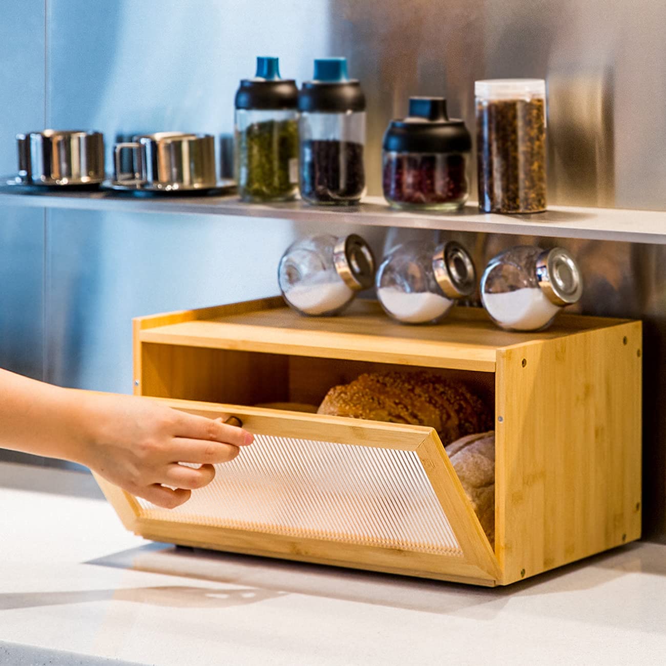 AINILE Bamboo Bread Box - Wooden Bread Storage Container with Stylish Design (40 x 25 x 20 CM) - Perfect for Kitchen Countertop, Pantry Organization & Fresh Bread Preservation