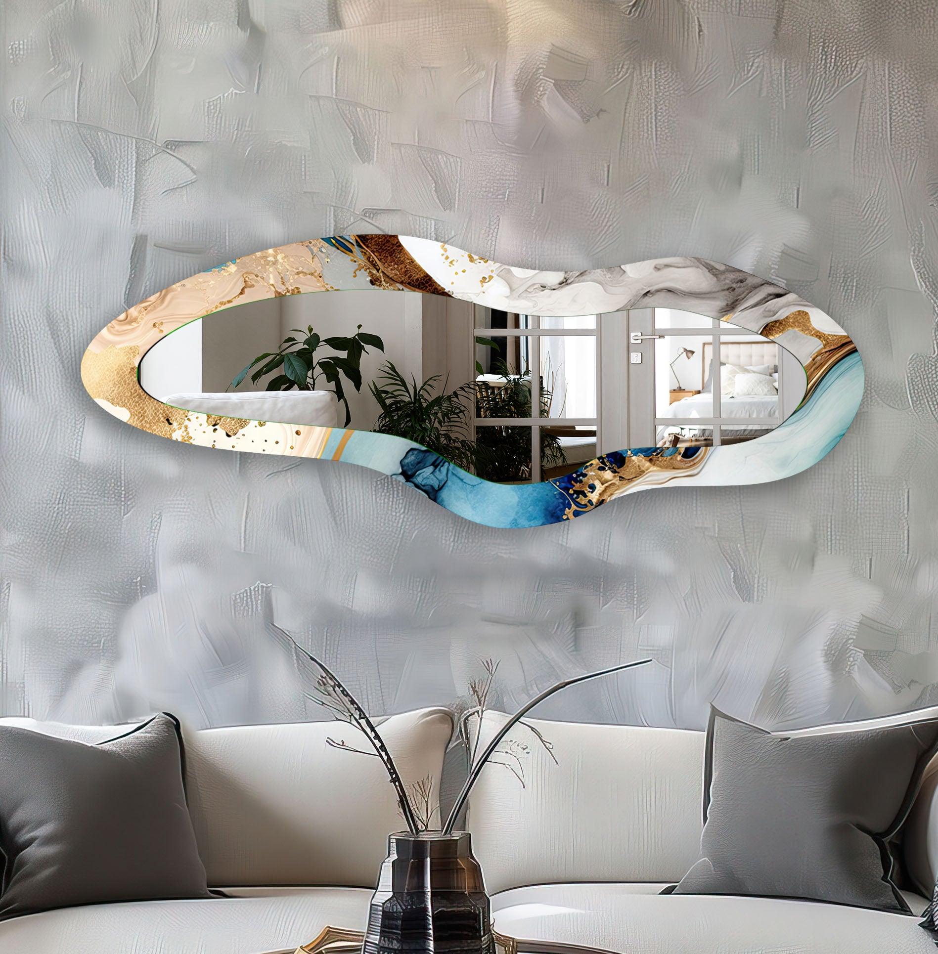 Blue Decorative Irregular Long Wall Mirror - Modern Unique Home Decor for Living Room, Bedroom & Entryway