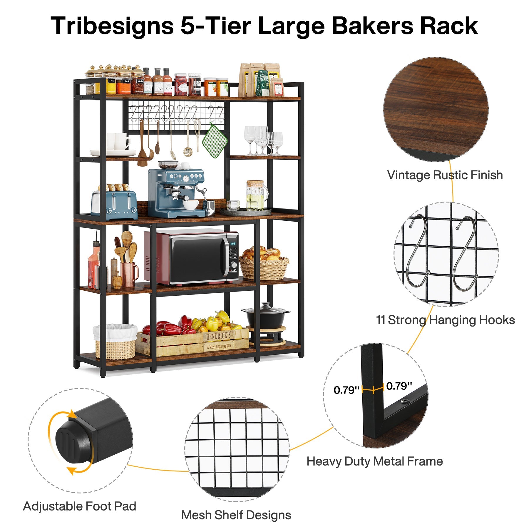 5-Tier Kitchen Baker's Rack with 11 Hooks - 55 Inch Wide Metal Storage Shelf for Spices, Cookware & Baking Supplies - Perfect for Pantry, Garage & Small Space Organization
