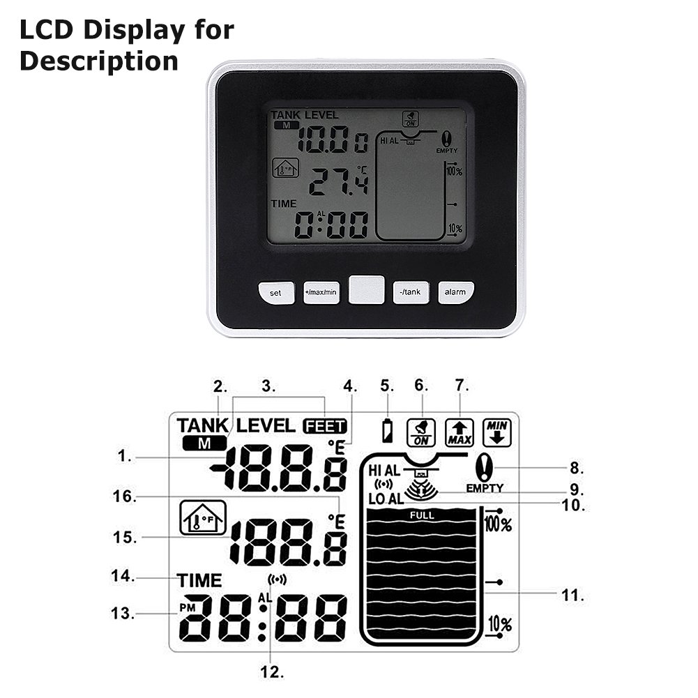 Ultrasonic Water Level Meter with Temperature Sensor - Digital Display Tank Depth Gauge for Water Storage, Pools, and Industrial Liquid Monitoring