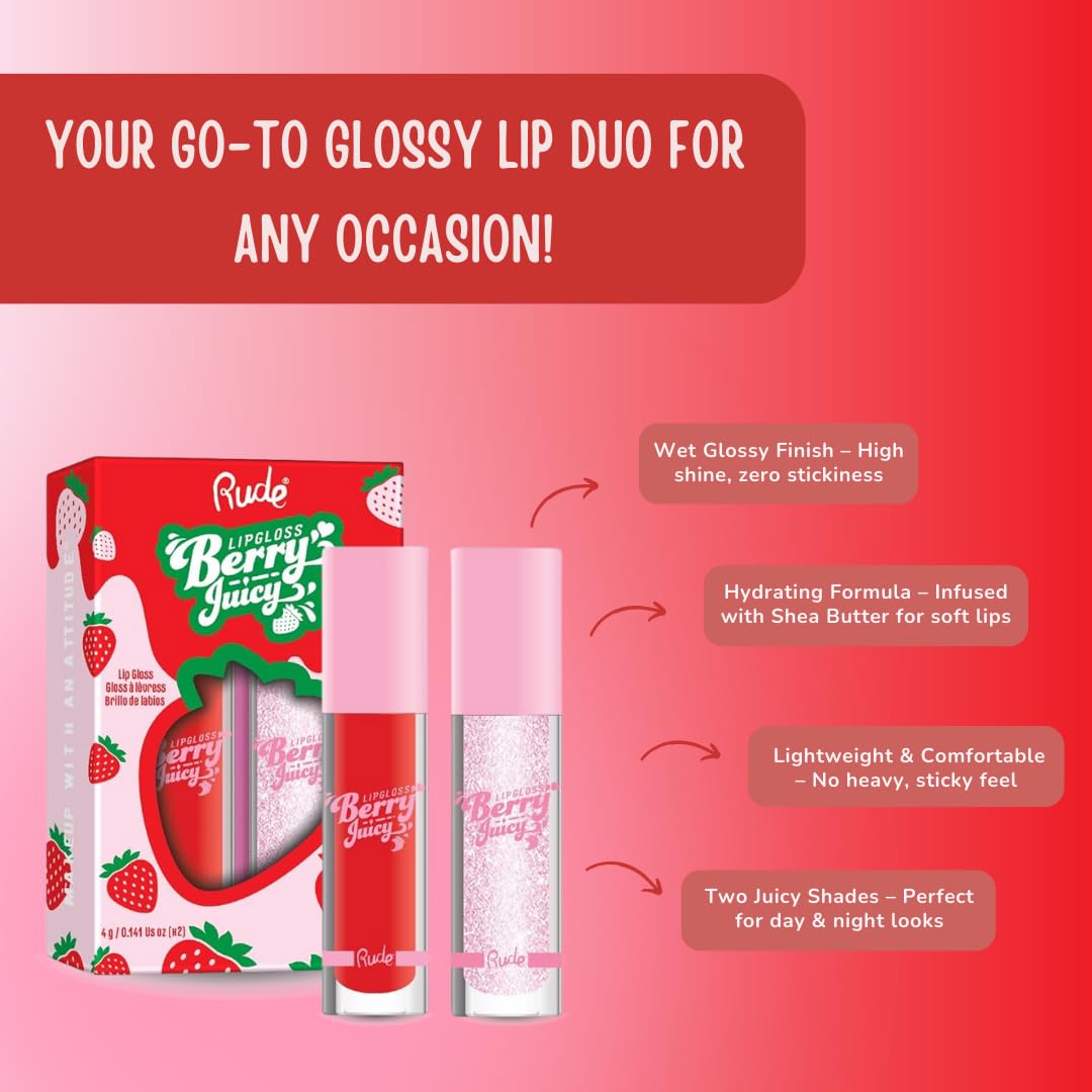 RUDE Cosmetics Berry Juicy Lip Gloss Set - High Shine Moisturizing Lipgloss for Day & Night Makeup