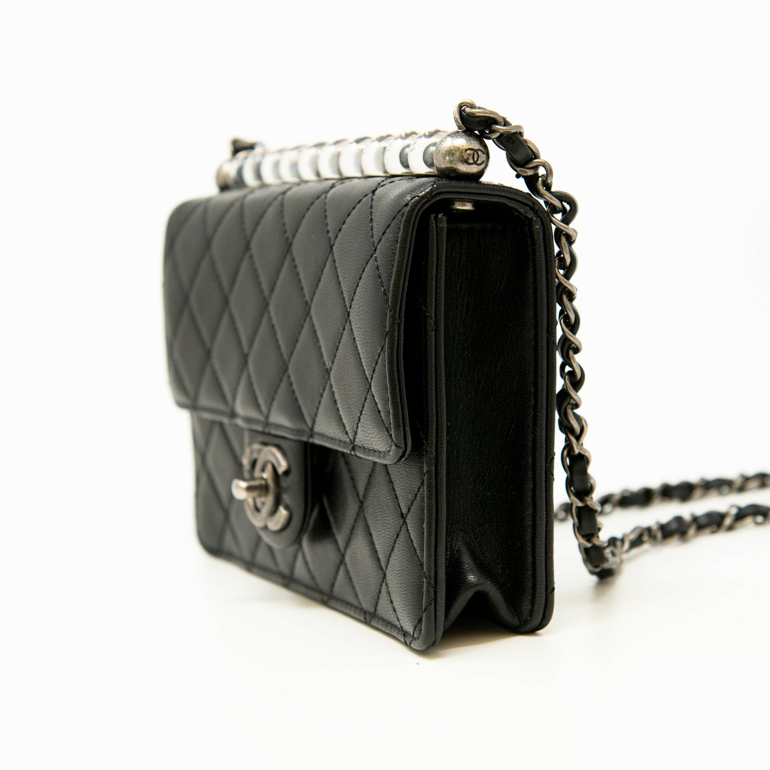 Chanel Black Lambskin Quilted Bag with Pearl CC Logo - Luxury Crossbody Flap Purse for Women, Perfect for Evening Parties & Date Nights