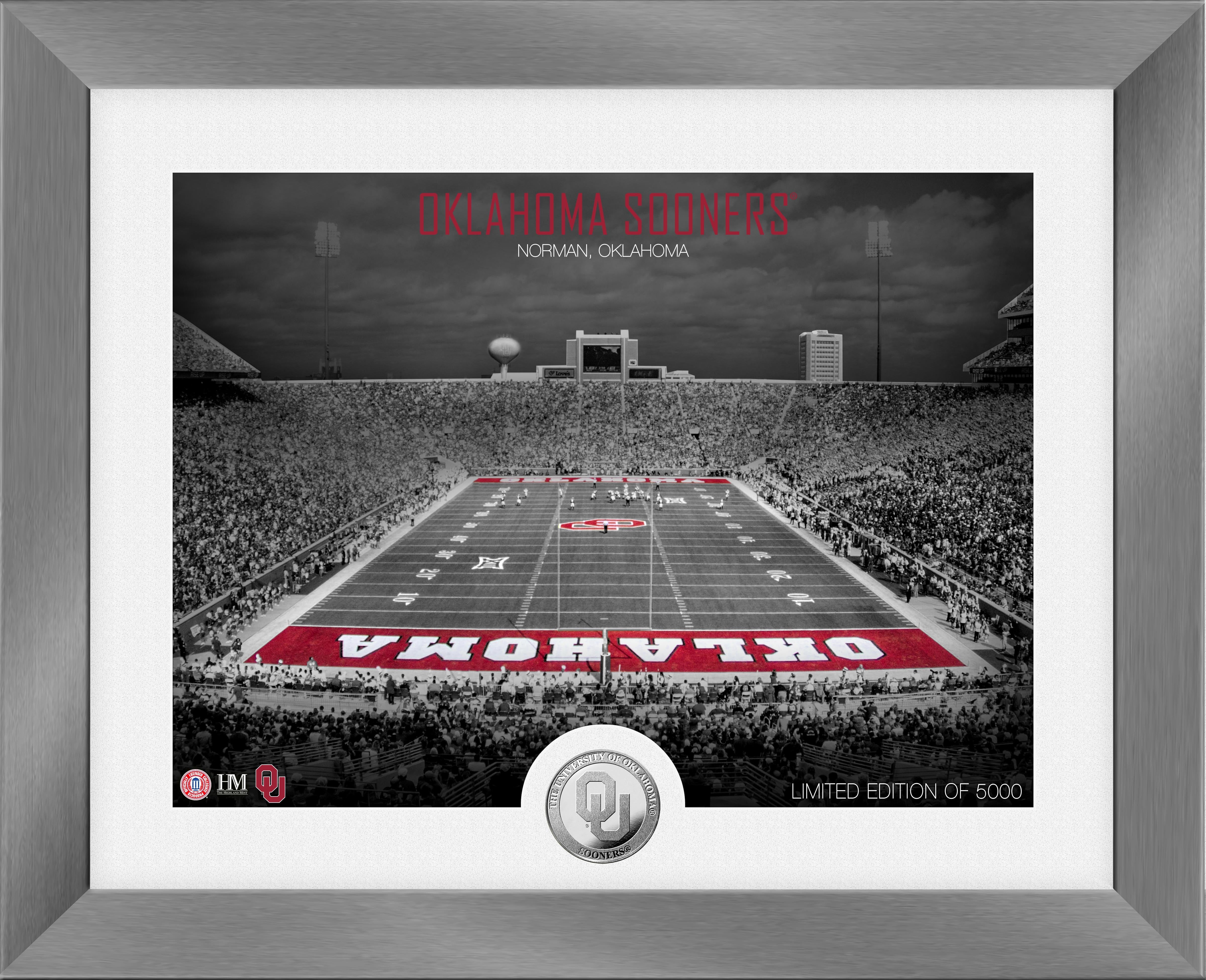 Oklahoma Sooners Art Deco Stadium Silver Coin Photo Mint - Collectible Memorabilia for Fans & Sports Enthusiasts - Perfect for Display, Gifts, and Home Decor