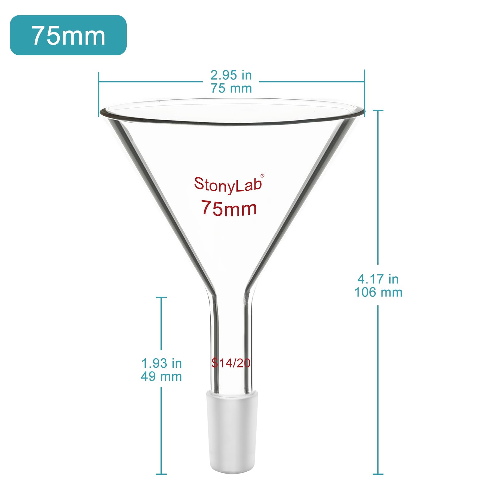 Stonylab Borosilicate Glass Powder Funnel - 14/20 Joint Size, 75mm Diameter Short Neck - Ideal for Chemistry Labs, Scientific Experiments & DIY Projects