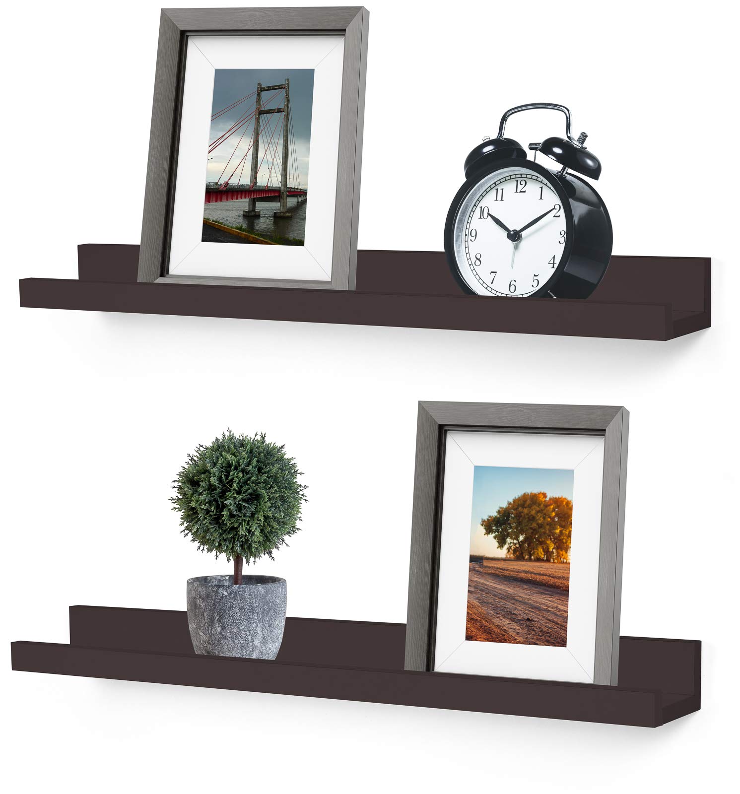 Greenco Set of 2 Floating Picture Shelves - Wall Mounted Photo Ledge Display for Bedroom, Living Room, Kitchen, Bathroom & Nursery - Espresso Finish - Perfect for Showcasing Family Photos, Artwork & Decorative Items