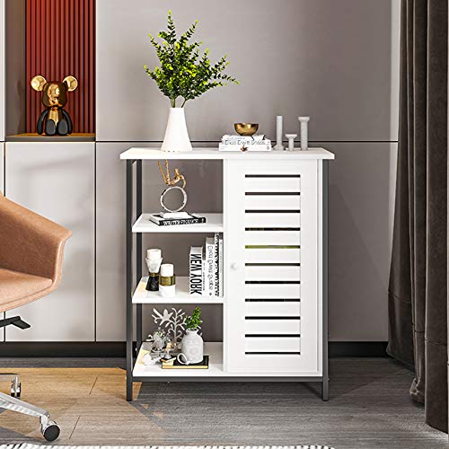 YITAHOME White Side Storage Cabinet with 3 Open Shelves & Door - Sturdy Metal Frame Cupboard for Living Room, Bedroom, Hallway, Kitchen - Perfect for Organizing Books, Decor & Kitchen Supplies