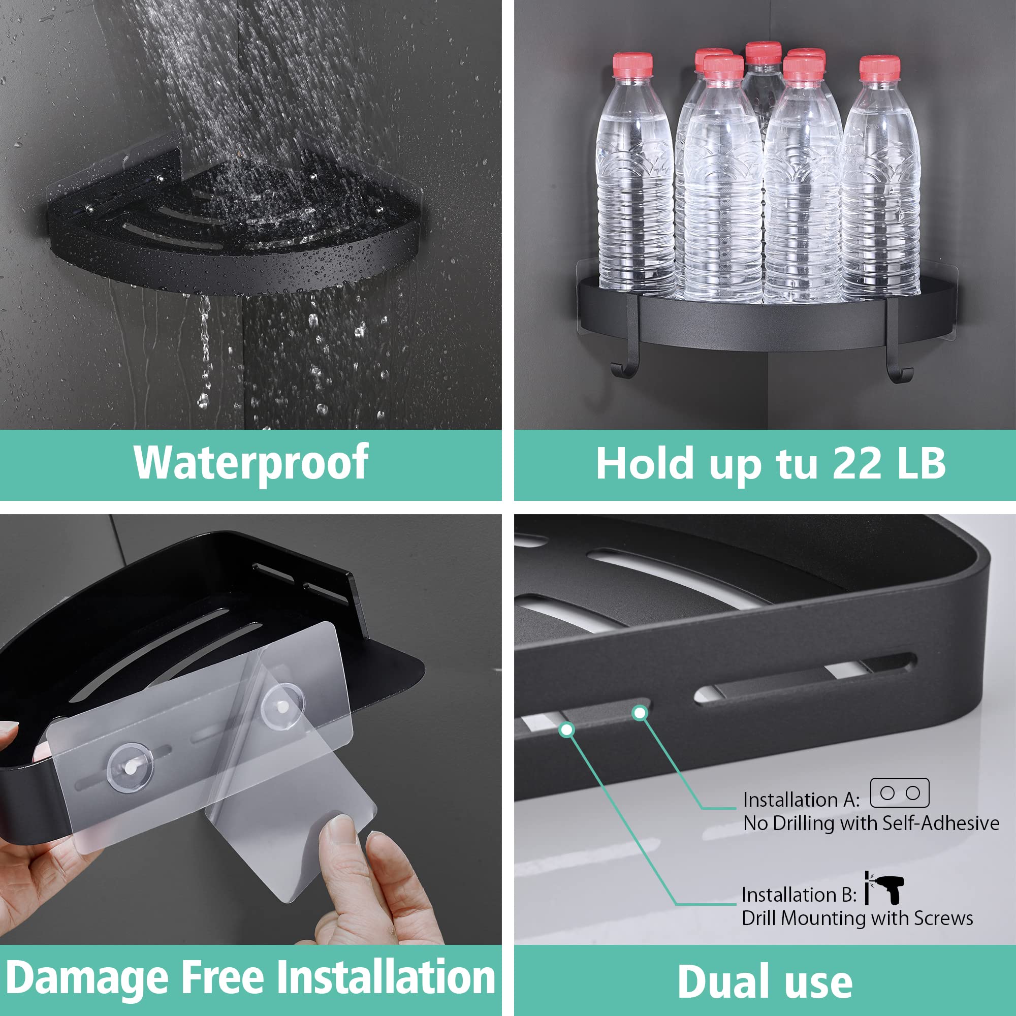 TRUSTLIFE 2-Pack Black Adhesive Shower Caddy Organizer - No Drill Aluminum Wall Mounted Bathroom Corner Shelf with Hooks for Wetroom - Perfect for Small Spaces, Shower Storage & Bathroom Organization