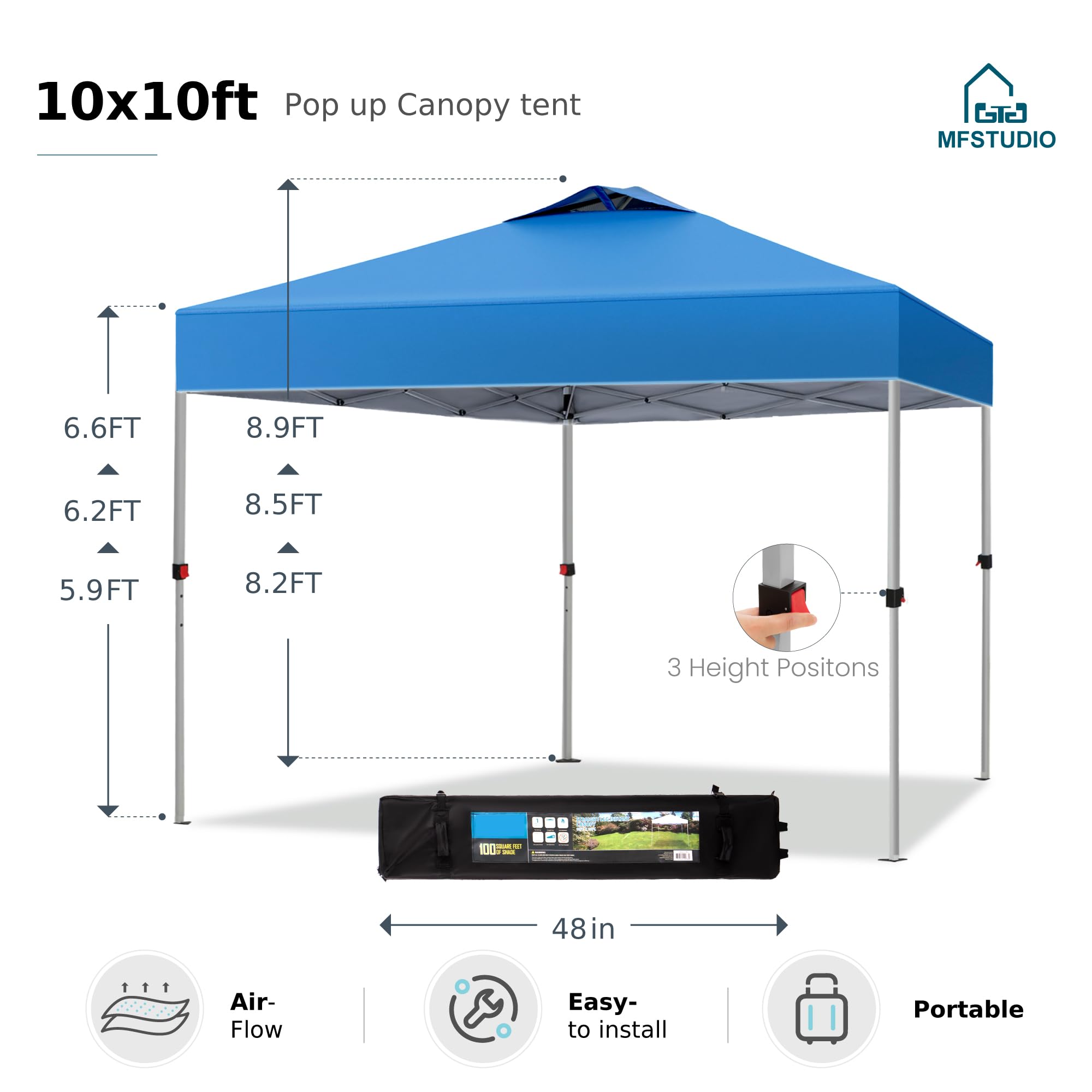 MFSTUDIO 10x10 FT Pop Up Canopy Tent - Waterproof Outdoor Gazebo Shelter with Sun Shade, Portable Instant Screened Tent for Beach, Backyard, Camping, Parties (Blue) | Perfect for Picnics, Tailgating & Outdoor Events