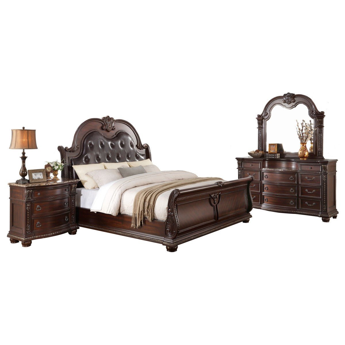Cavalier Eastern King Sleigh Bed Frame - Solid Wood Upholstered Headboard - Classic Elegant Bedroom Furniture for Master Suite & Guest Room