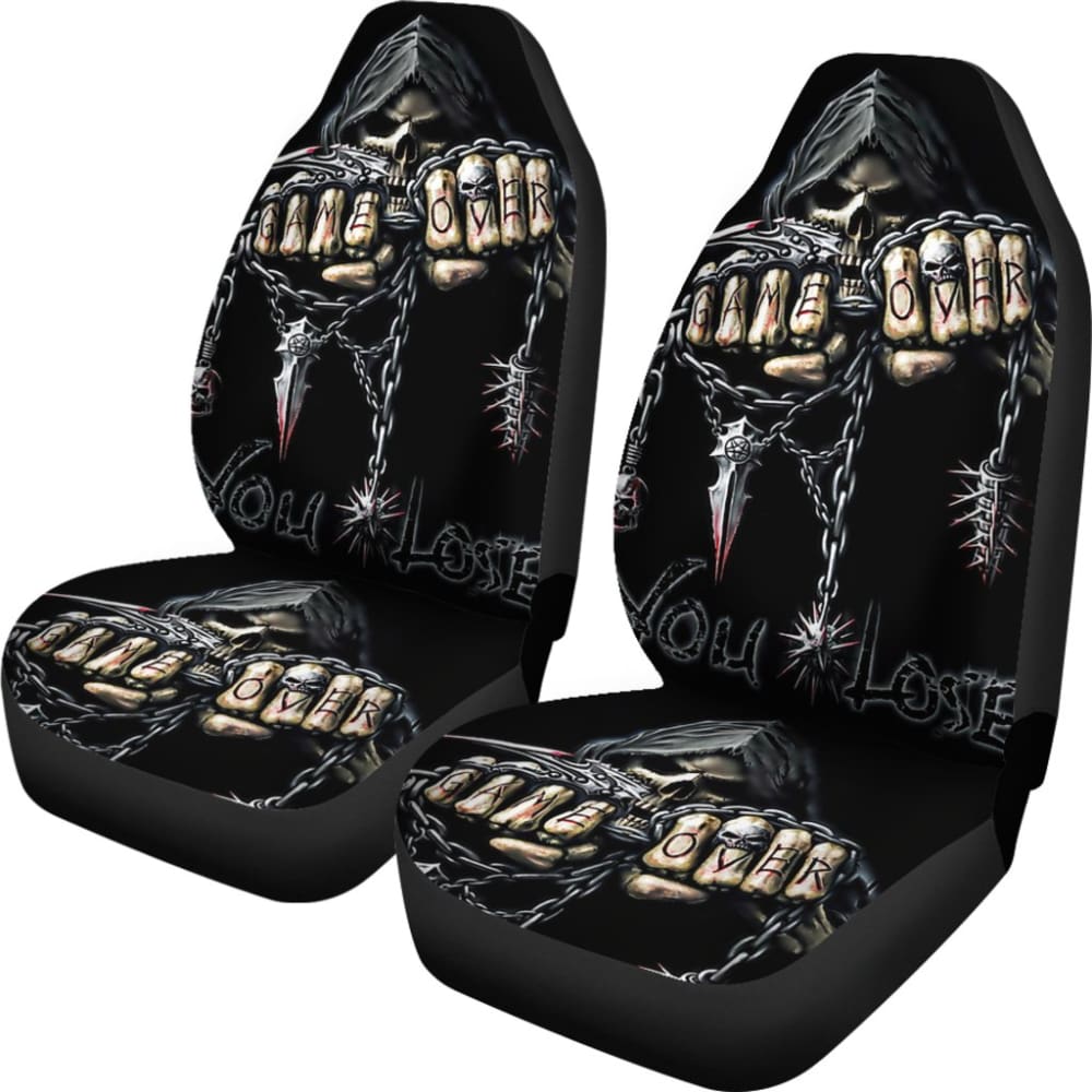 2 Pcs Gothic Game Over Skull Car Seat Covers - Universal Fit for Cars, Trucks & SUVs - Unique Skull Design for Gamers & Horror Fans - Perfect for Halloween, Cosplay & Car Shows