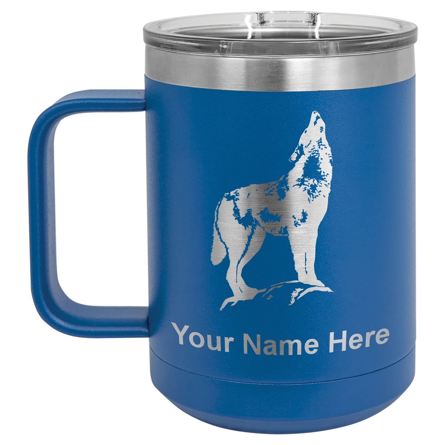 LaserGram 15oz Vacuum Insulated Stainless Steel Coffee Mug with Howling Wolf Design - Personalized Engraving Included (Dark Blue) - Perfect for Outdoor Camping, Office Use & Travel