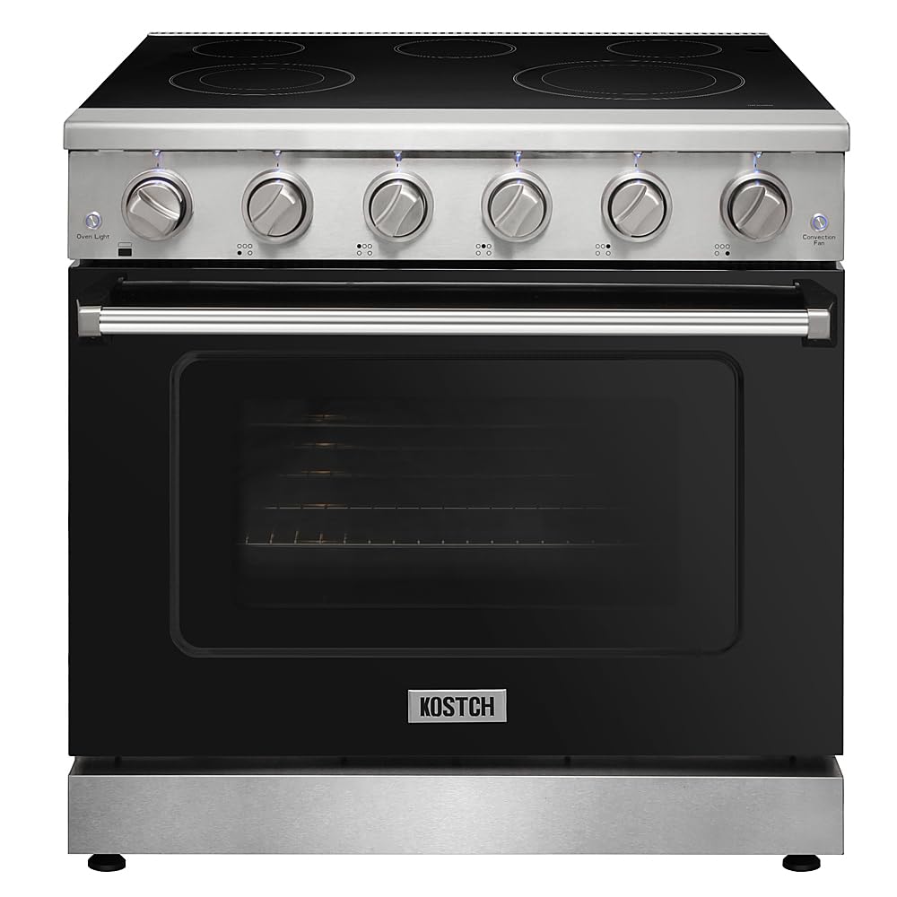 36 Inch Stainless Steel Electric Range - 5 Burner Cooktop, 6.0 Cu. Ft. Convection Oven, Smooth Glass Top - Professional Kitchen Appliance for Home Cooking & Baking (Black, Model KOS-36RE06H)