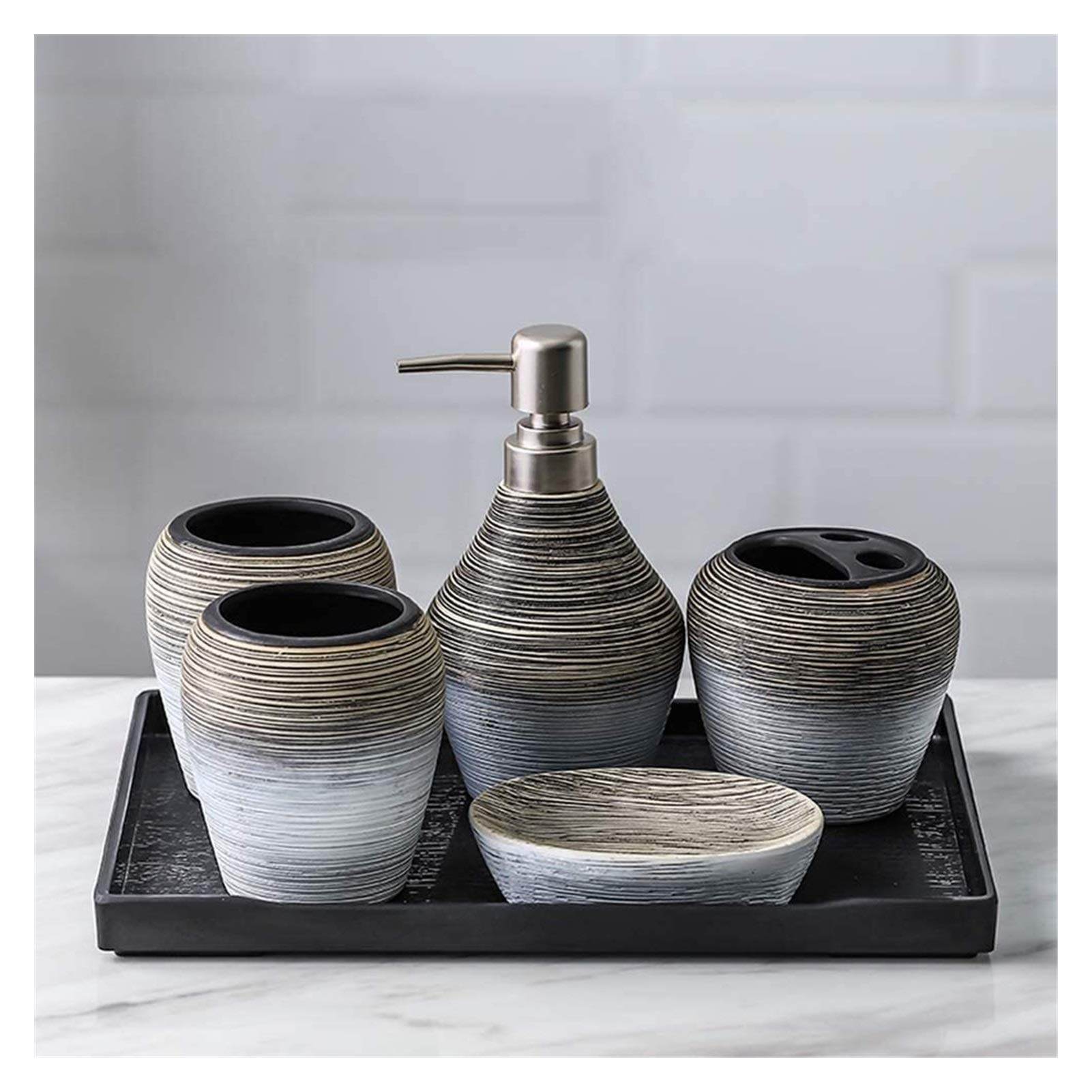 MUWIZ Vintage Brushed Ceramic Soap Dispenser & Hand Sanitizer Dispenser Set - Handmade Bathroom Accessories with Toothbrush Holder, Soap Box & Tray for Elegant Home Decor | Perfect for Powder Rooms, Guest Bathrooms & Spa-Style Vanities