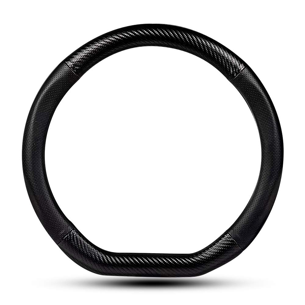 Universal 15-Inch Car Carbon Fiber & Leather D-Shape Steering Wheel Cover - Non-Slip Stylish Black Interior Upgrade for Enhanced Driving Comfort