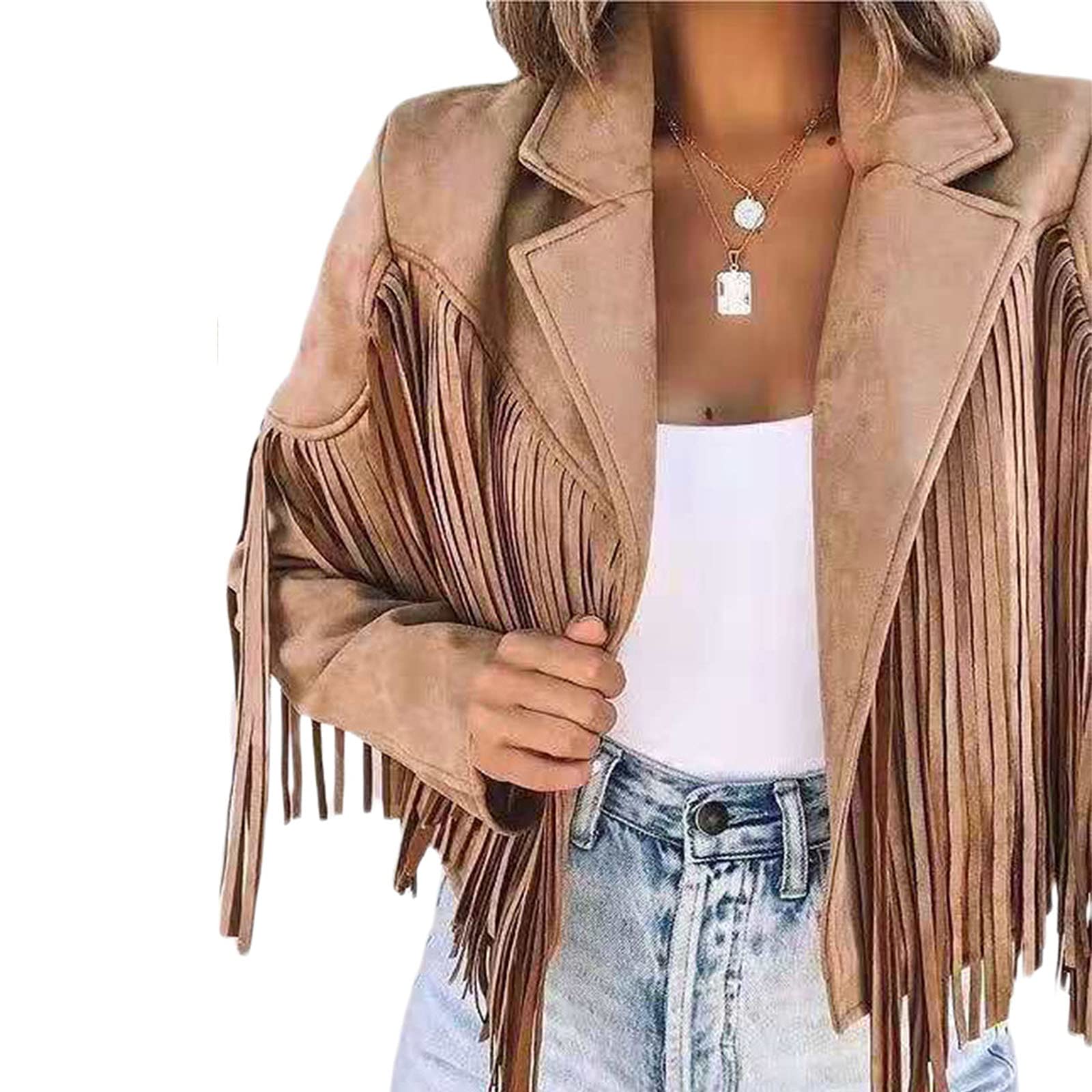 Vintage Women's Faux Suede Cropped Jacket with Tassels - Long Sleeve Boho Western Style Coat for Hippie & Festival Outfits | Perfect for Music Festivals, Concerts, and Boho Chic Fashion