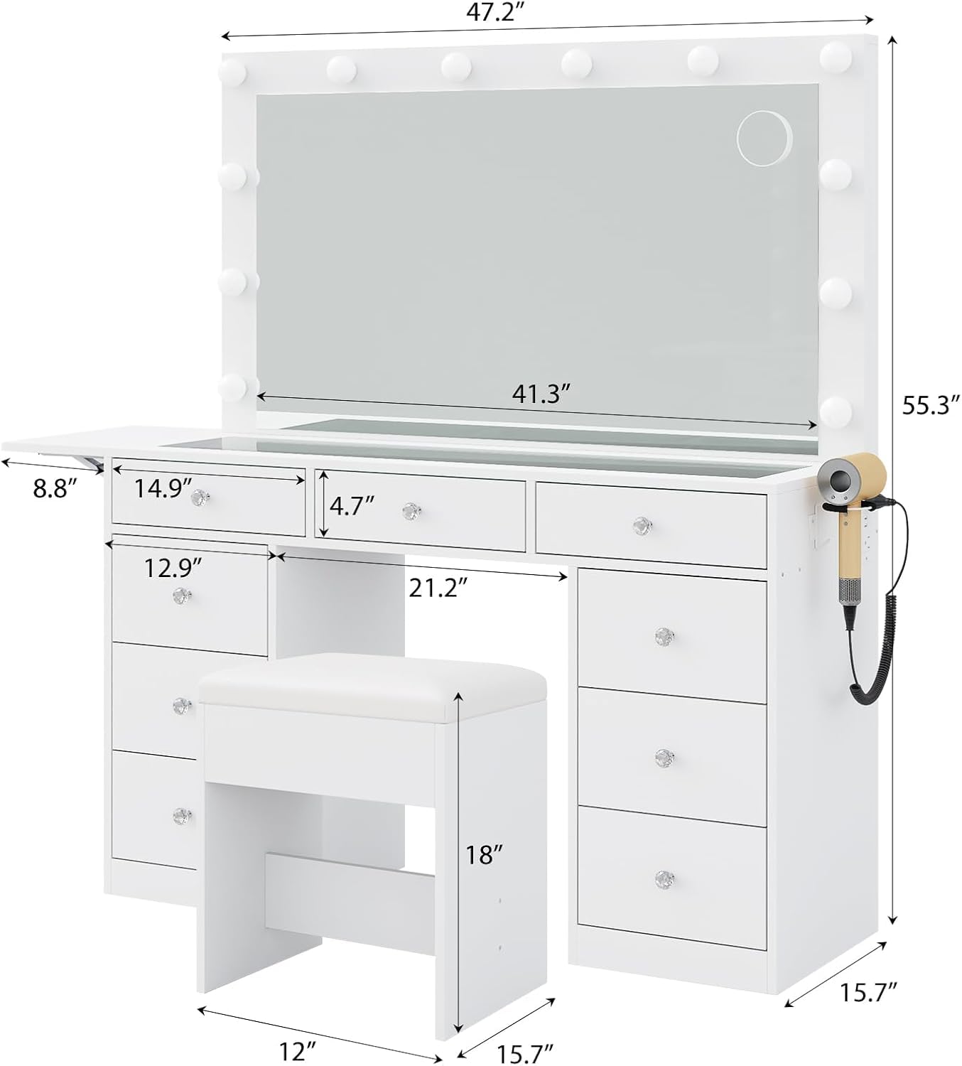 Vanity Desk with Power Outlet & 9 Drawers - Makeup Vanity Set with LED Mirror, 3 Lighting Modes & Glass Top - Foldable Dressing Table for Bedroom, Home Office & Beauty Salon