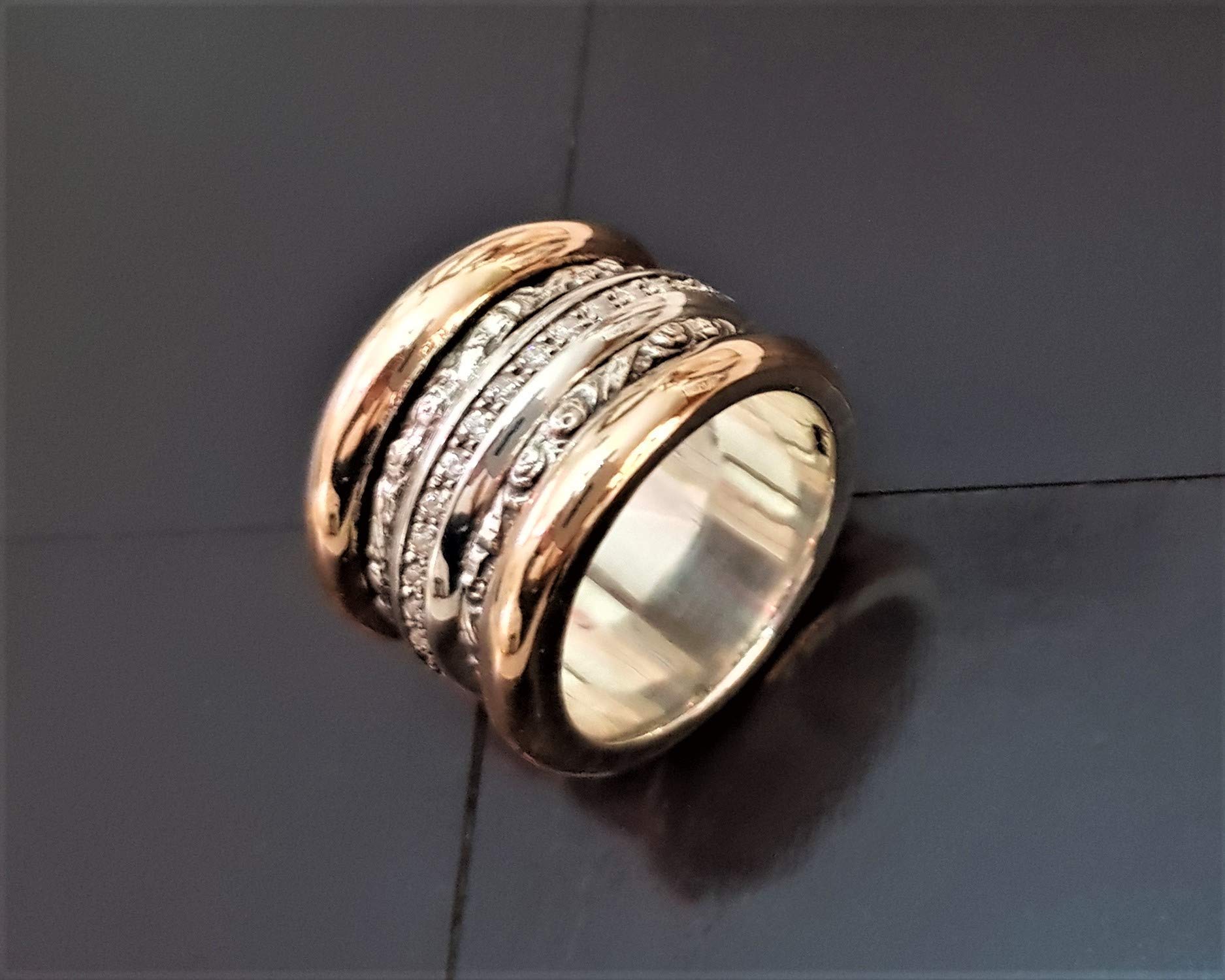 Rose Gold Spinner Ring for Women - 9K Gold & Silver Meditation Ring with Zircons, Wide Boho Wedding Band (Perfect for Stress Relief, Yoga, and Everyday Wear)