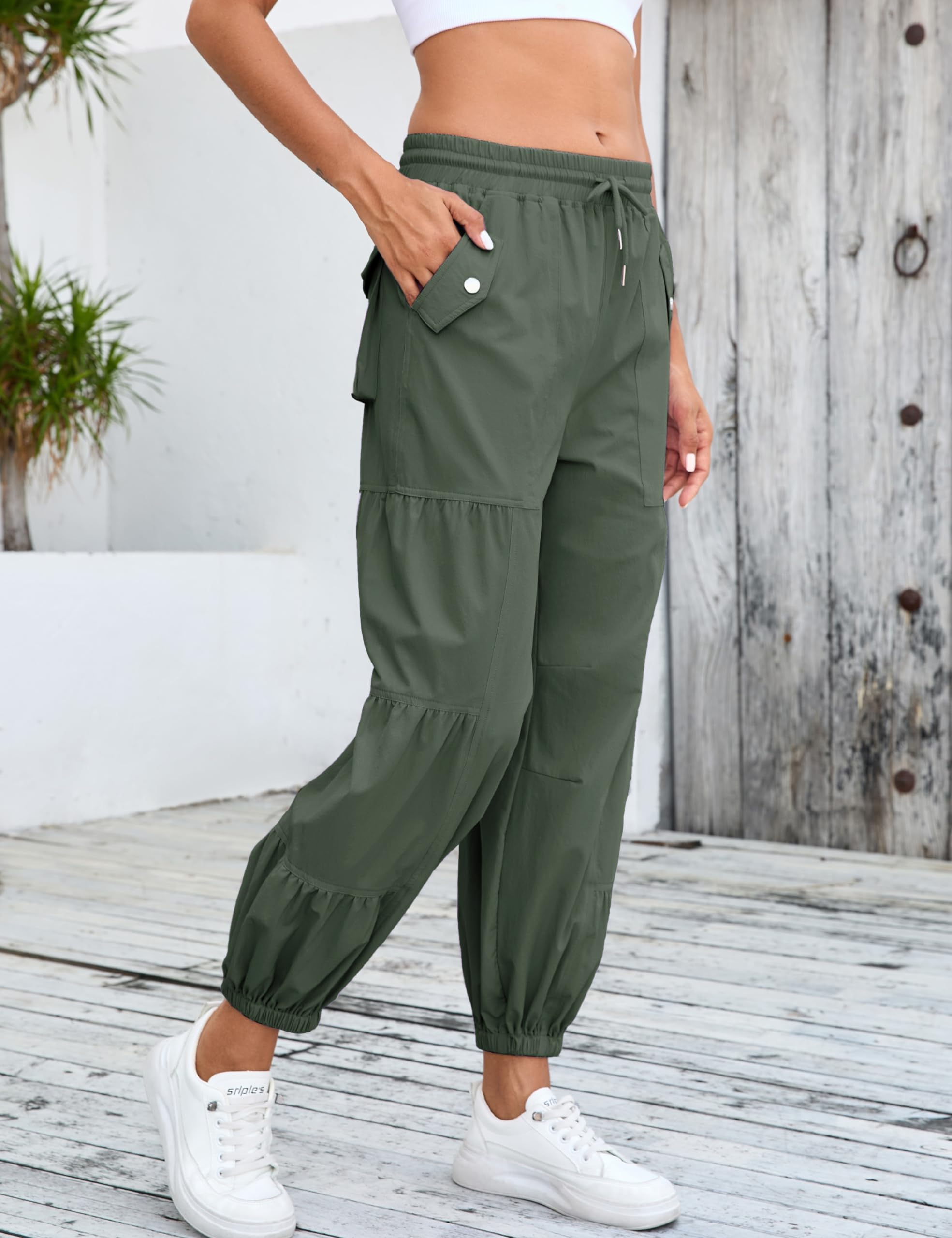 **Women's Bankeng Parachute Cargo Pants with Elastic Waist & Drawstring - Stylish Baggy Hiking Pants with Multiple Pockets | Perfect for Outdoor Adventures, Casual Wear & Travel**