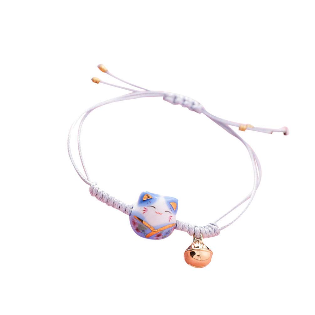 Holibanna Hand-Woven Ceramic Cat Bracelet - Lucky Braided Tassel Bangle Jewelry for Women & Girls (Blue) | Boho Chic Accessory for Casual Wear, Gift Giving & Spiritual Protection