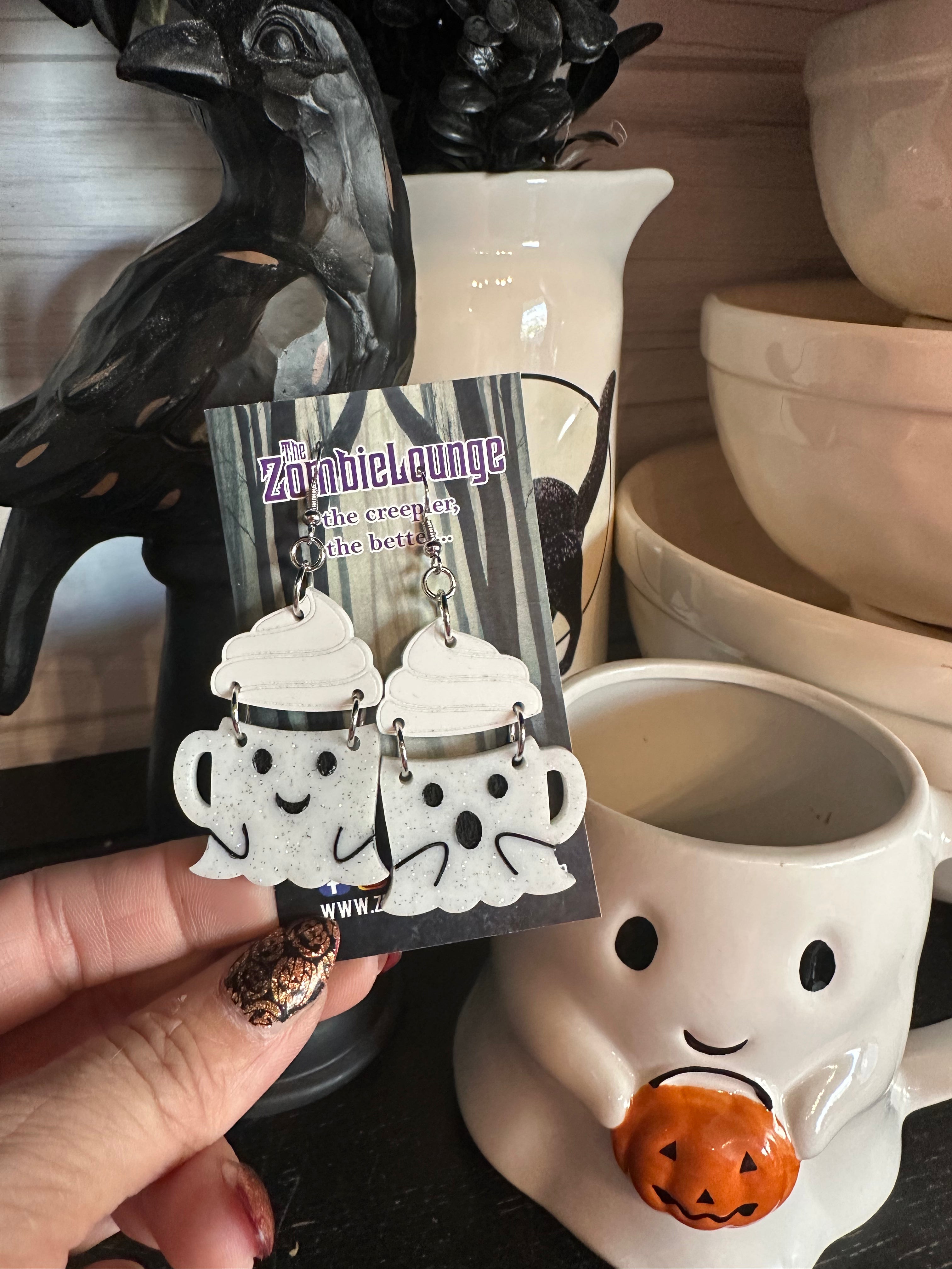 Ghost Mug Earrings - Spooky Halloween Jewelry for Women | Cute Coffee Cup Dangle Earrings for Halloween Parties & Cosplay