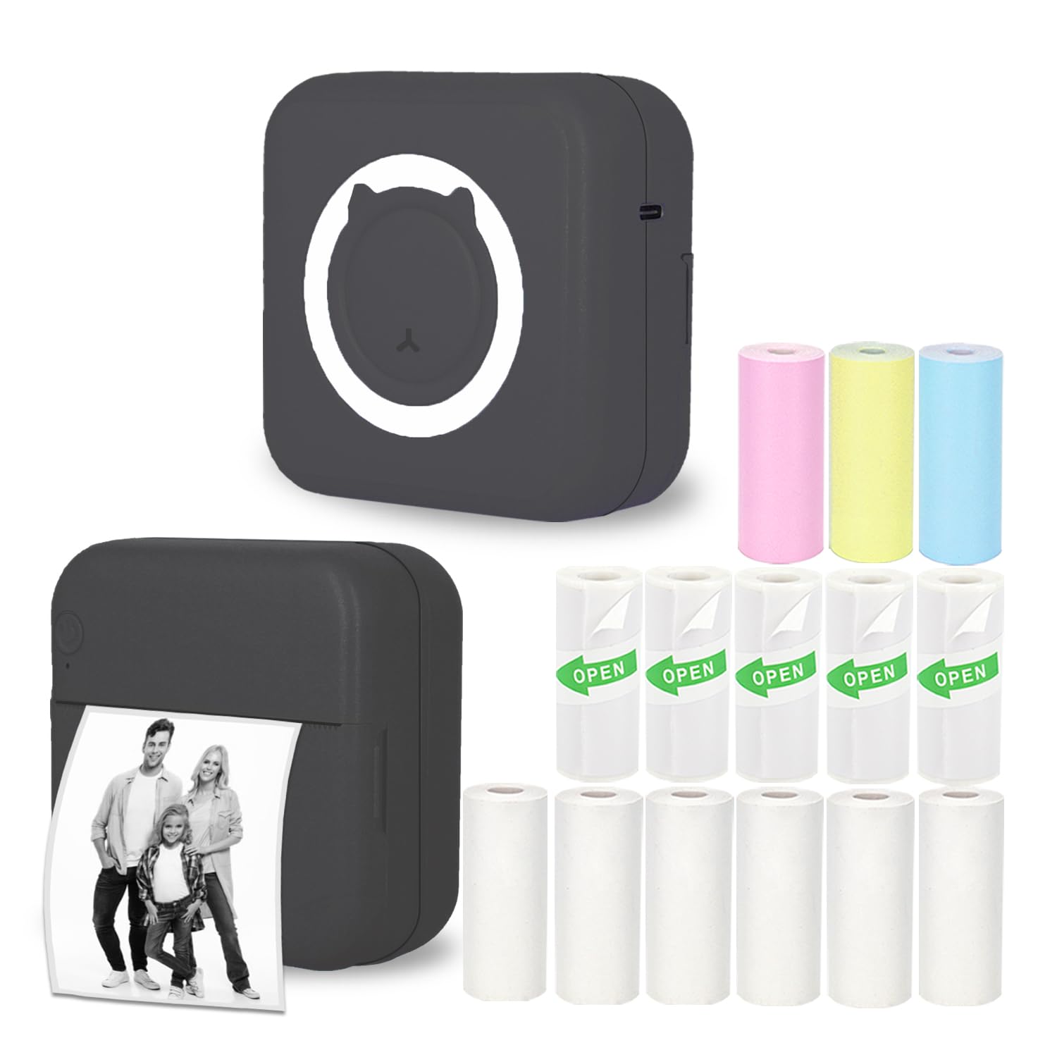 Mini Thermal Inkless Sticker Printer with 14 Rolls Paper - Wireless Portable Pocket Printer for iPhone, Android, Tablet - Print Photos, Stickers, Labels & Notes - Perfect for Home, Office, School & Travel (Black)