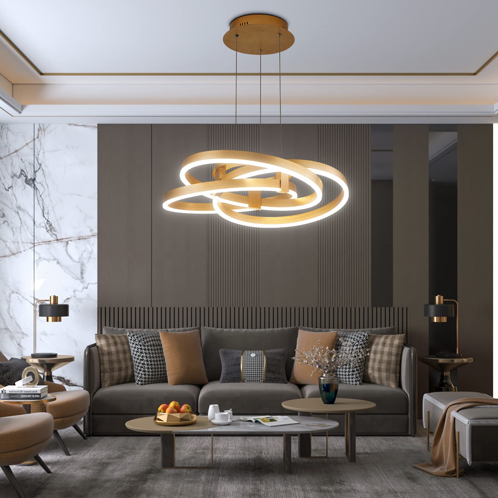 Maxax LED 3 Ring Chandelier - Modern Acrylic Pendant Light Fixture for Industrial Ceiling Lighting in Gold | Perfect for Bedroom, Living Room, Dining Room & Kitchen Island Decor | Creates Elegant Ambient Lighting for Home & Office Spaces