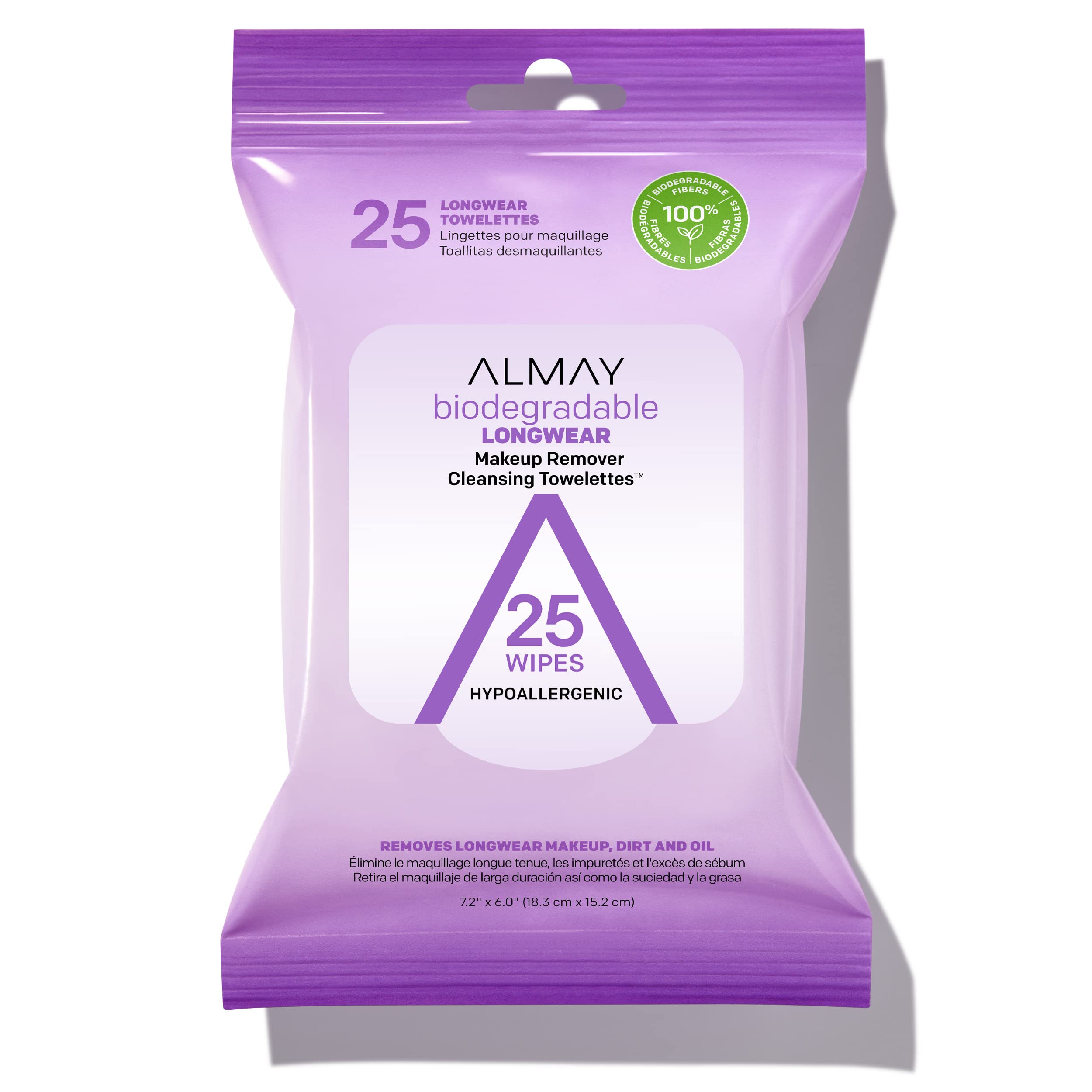 Almay Makeup Remover Cleansing Towelettes | Biodegradable Longwear Makeup Wipes for Sensitive Skin | Hypoallergenic, Fragrance-Free & Cruelty-Free | 25 Count | Perfect for Travel, Gym & Daily Skincare Routine