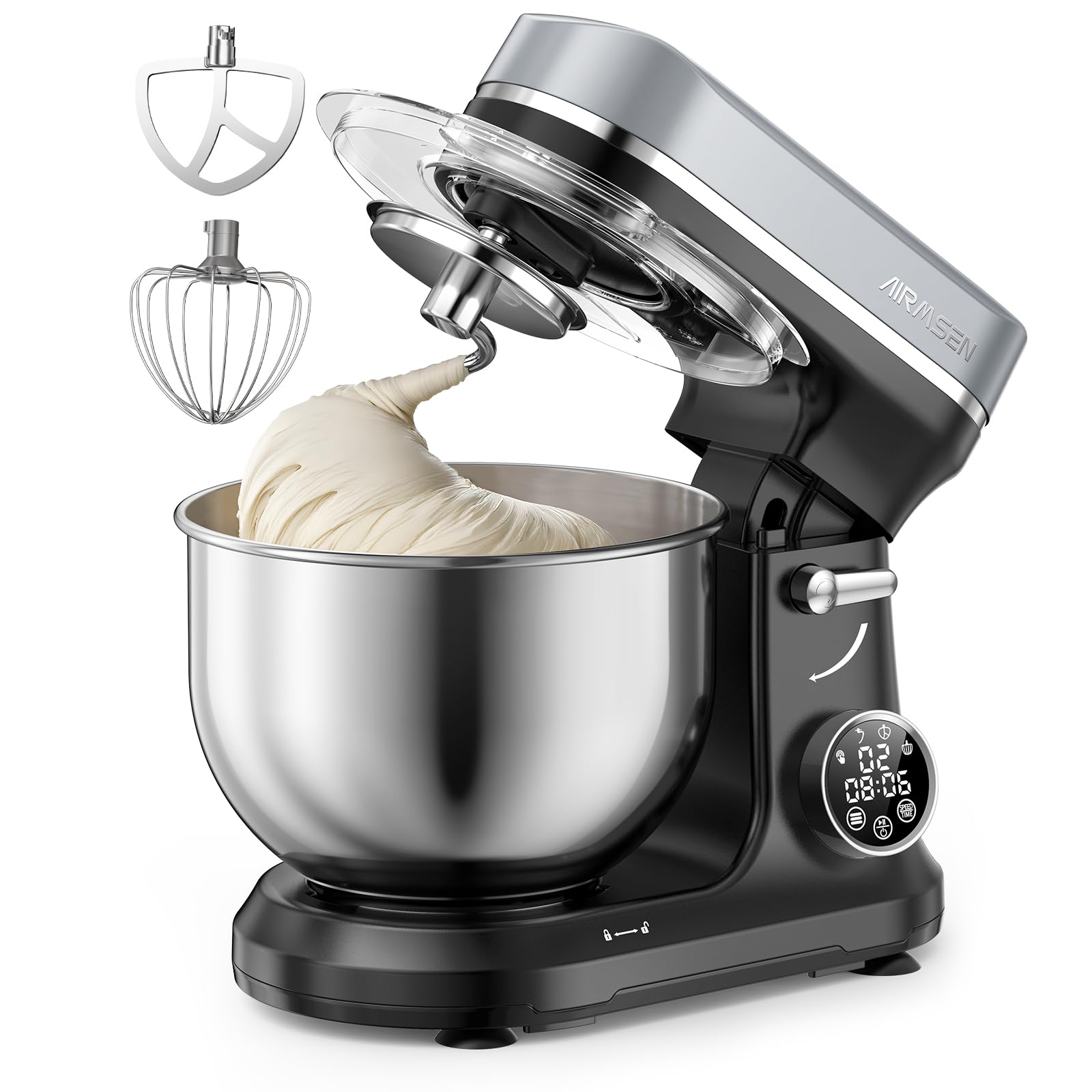 AIRMSEN 5.3QT Stand Mixer with LED Touchscreen & Timer - 11-Speed Tilt-Head Electric Dough Mixer with 3-in-1 Attachments - Perfect for Baking Bread, Cakes, Cookies & More - Ideal for Home Bakers & Professional Kitchens - Black and Gray