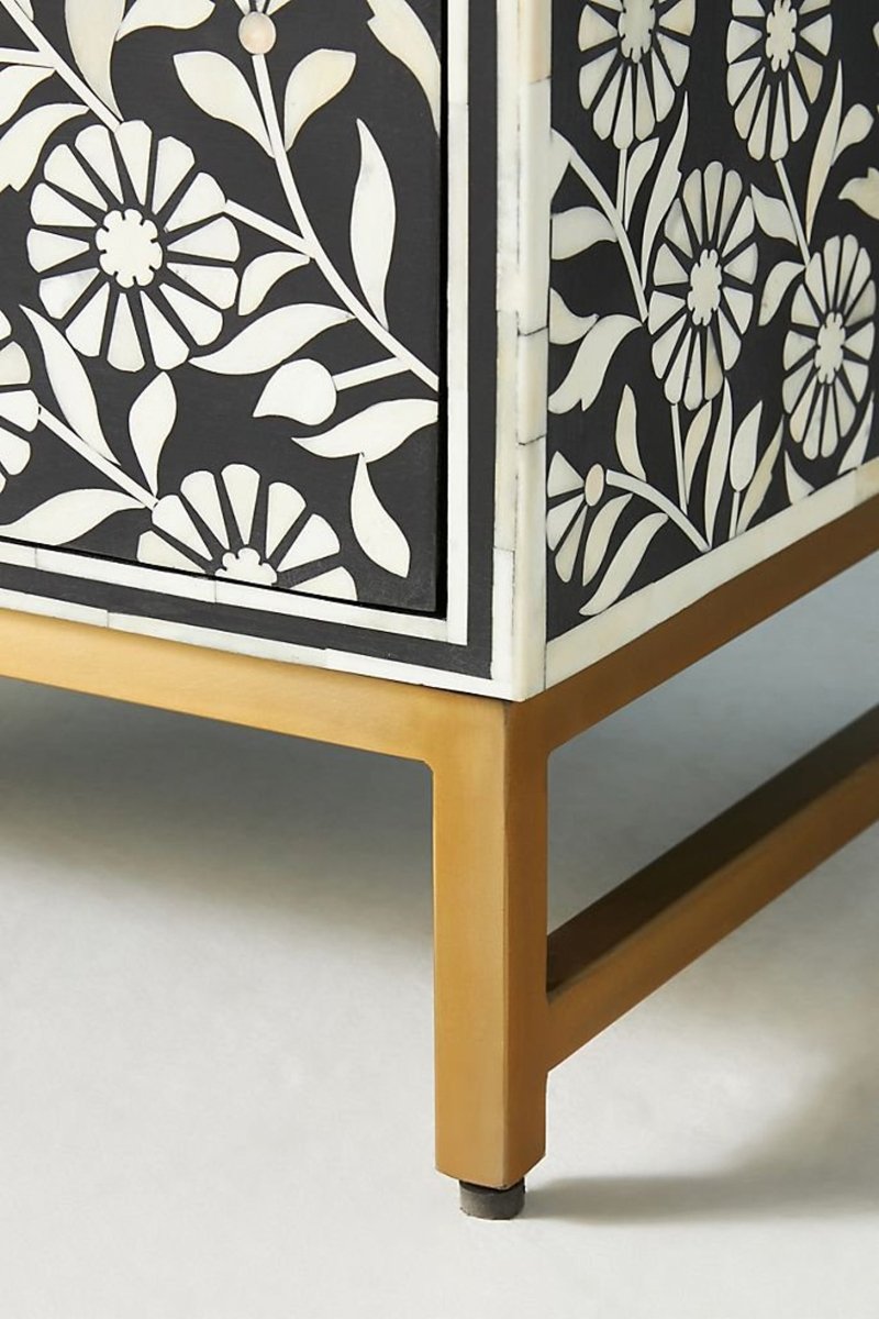 Handmade Bone Inlay Nightstand with Sunflower Design - 3 Drawer Black Bedside Table for Bedroom Decor & Storage | Perfect for Master Bedroom, Guest Room, or Nursery